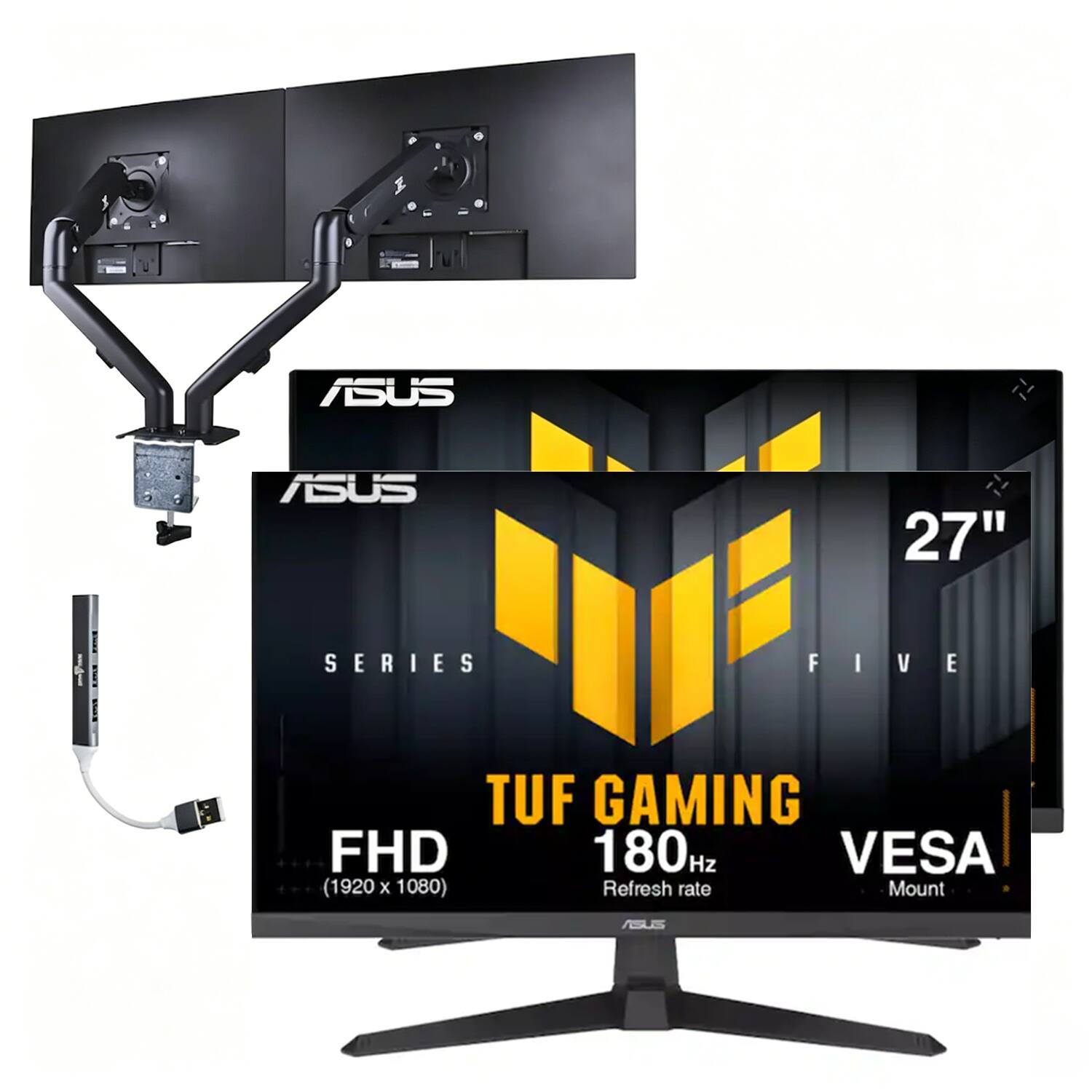 ASUS - TUF Gaming 27" FHD IPS Monitor, Anti-Glare, HDMI, Color (VG279Q3A) 2Pack w/DKZ Hub & ErgoFlexy Dual Mount Arm - Black