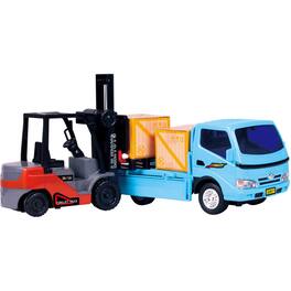 JuzToys - Kids Toys Cars Pull-Back Forklift and Truck Toy Set, with Pallet and 2 Cargo Boxes, Interactive Toys for Kids, Blue/Red - Multi