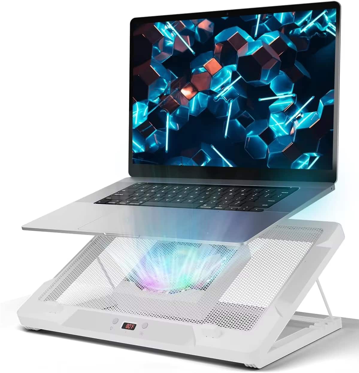 Luckbyte - Laptop Cooling Pad with 5.5" Movable Fan, Smart Auto Temp Sensor and 8 Lighting Modes for 14-17.3" Laptops, White