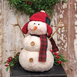 Angle. BreeBe - Stuffed Sherpa Snowman w/Red & Green Plaid Hunting Hat & Scarf - White, Red.