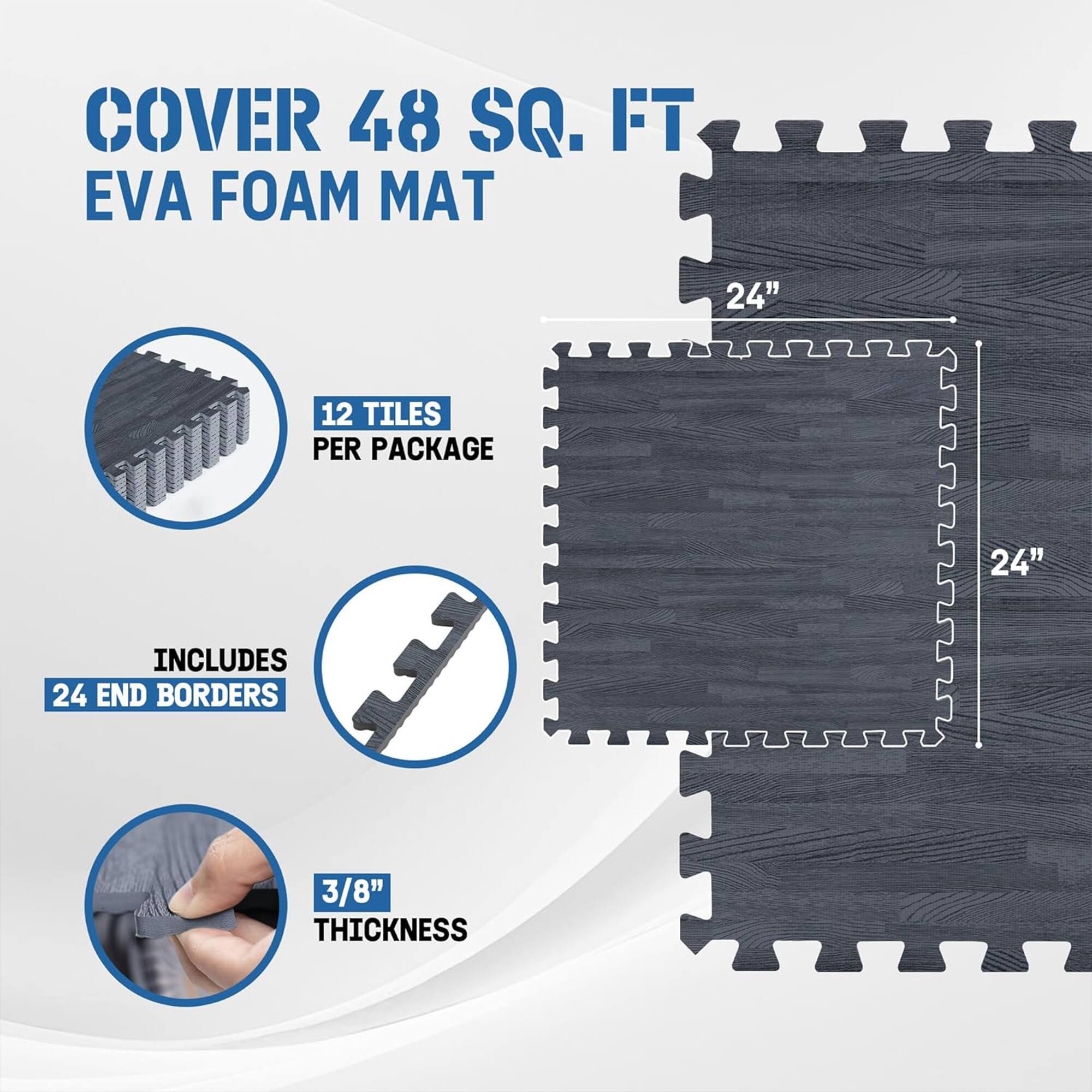 COVER 48 SQ. FT EVA FOAM MAT  
24" x 24"  
12 TILES PER PACKAGE  
INCLUDES 24 END BORDERS  
3/8" THICKNESS