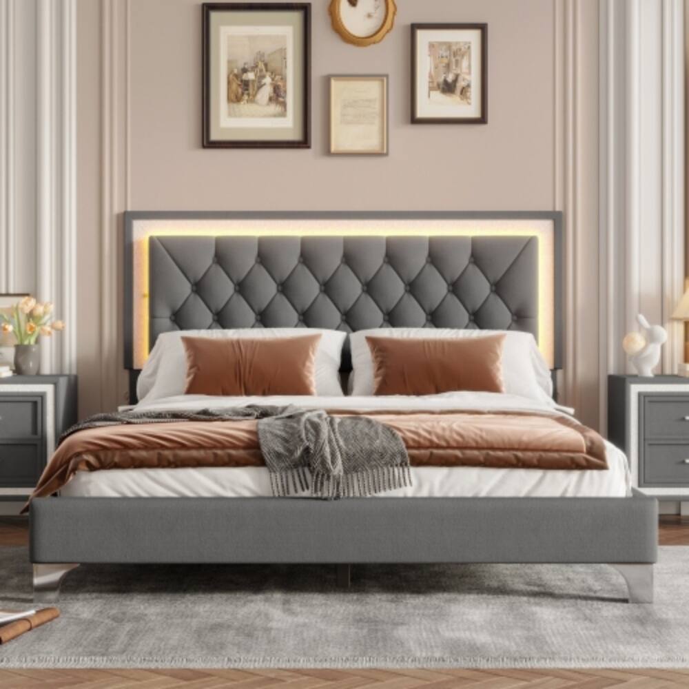 Angle. LUCKY ONE - Queen Size Upholstered Bed Frame with LED Lights, Velvet Platform Bed with Tufted Headboard, Wood Slats - Gray.