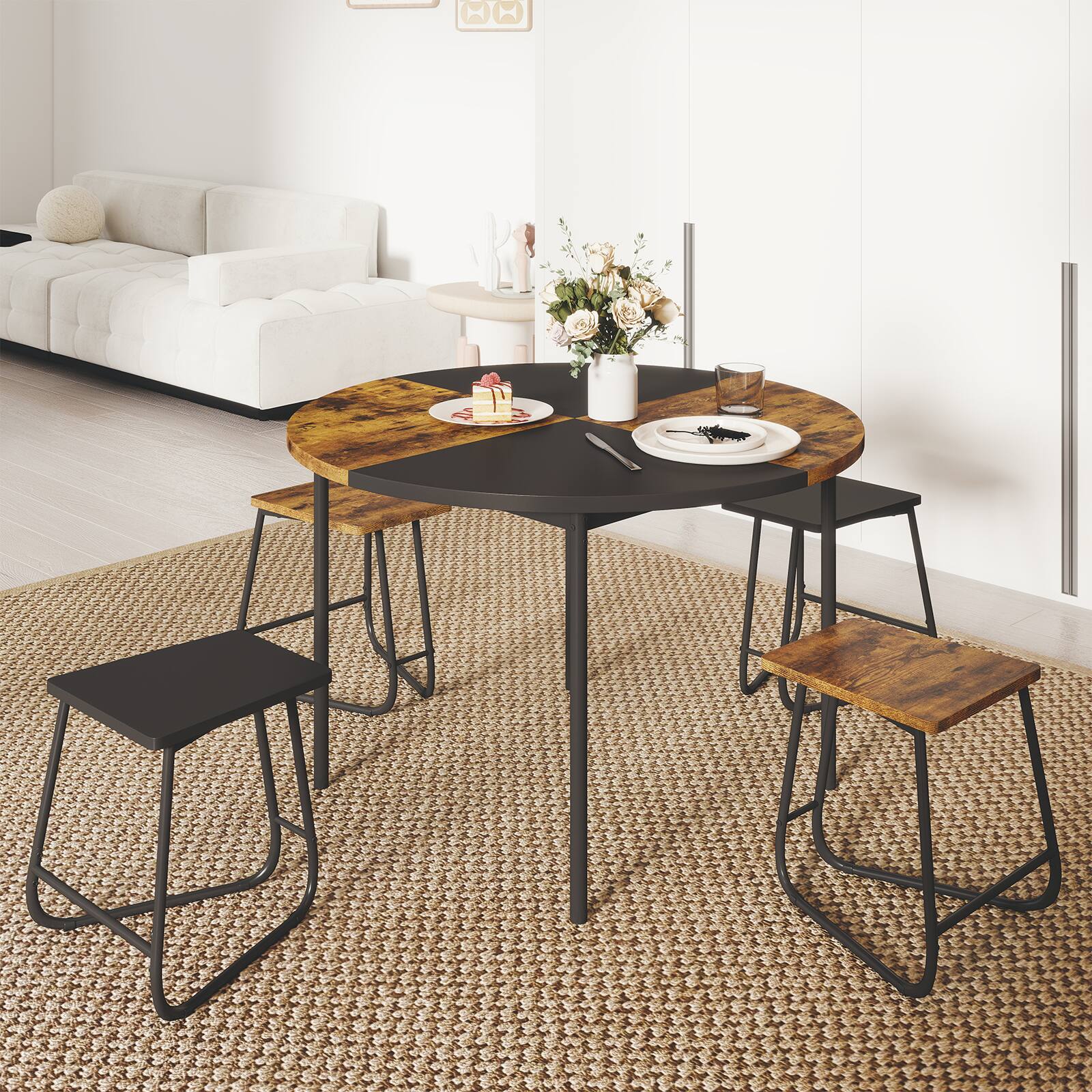 Alt View 4. Gymax - Gymax 5PCS Dining Set for 4 47'' Round  Kitchen Table & 4 Stools w/ Wooden Tabletop - Brown.