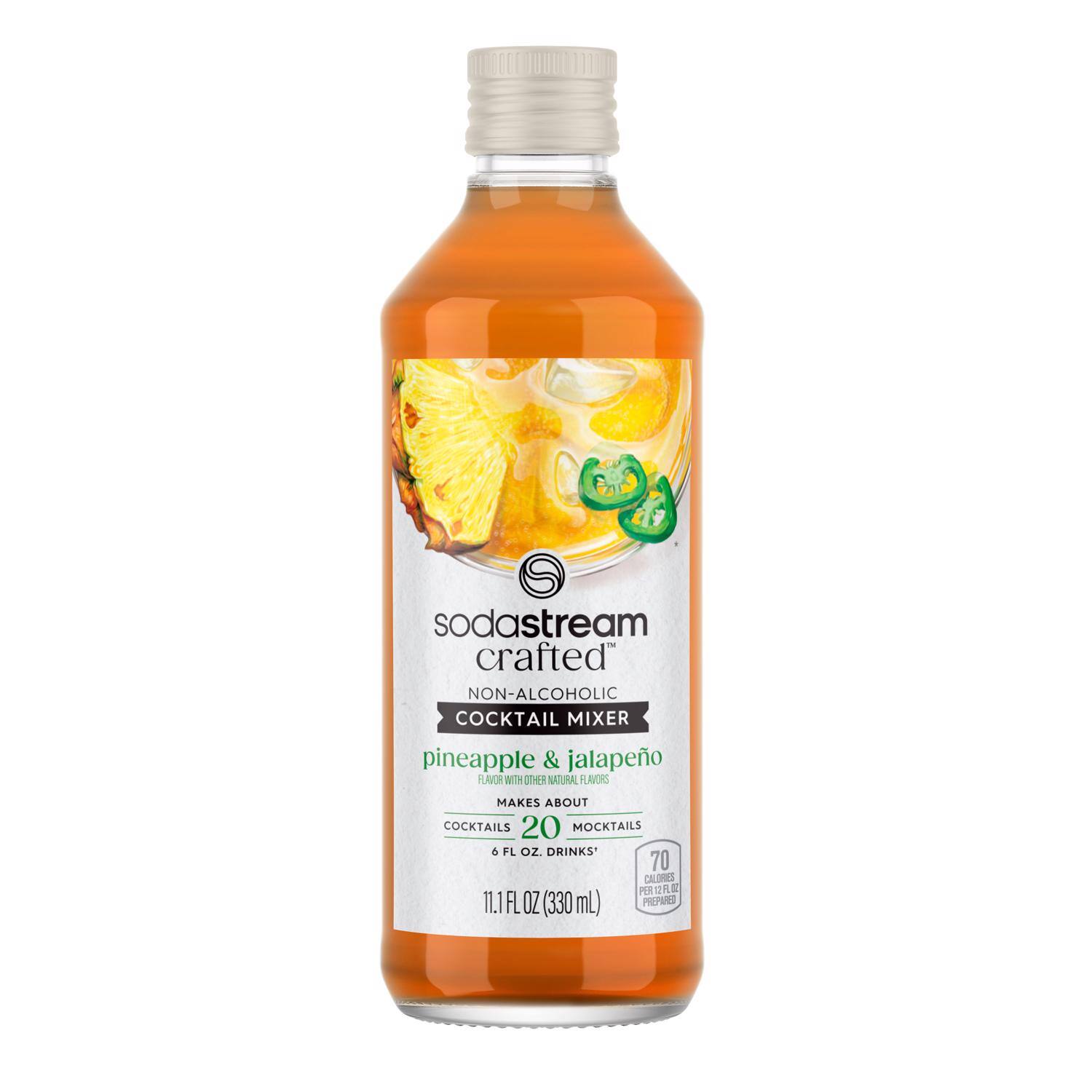 sodastream crafted NON-ALCOHOLIC COCKTAIL MIXER pineapple & jalapeno FLAVOR WITH OTHER NATURAL FLAVORS  
MAKES ABOUT 20 COCKTAILS 6 FL OZ. DRINKS' 70 CALORIES PER 12 FL OZ 11.1 FL OZ (330 mL) PREPARED