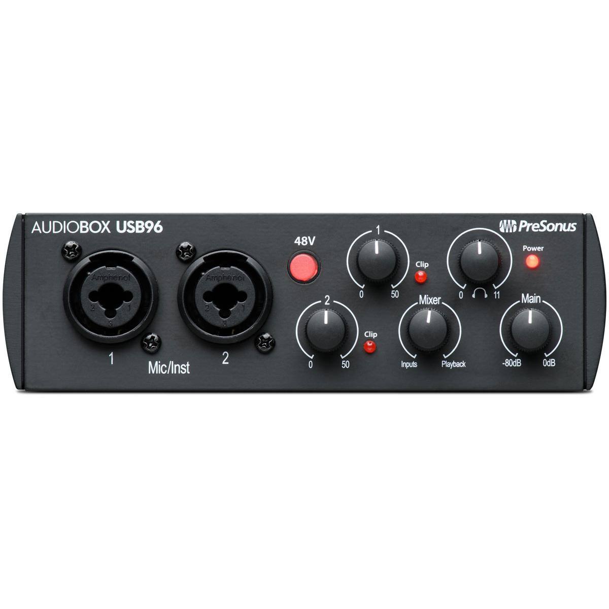 AUDIOBOX USB96  
Amphenol 1 1 2 Mic/Inst 48V  
0 2 I 50 0 Clip  
Clip 50 D  
Mixer I Inputs Playback I WB  
PreSonus Power  
11 Main -80dB OdB