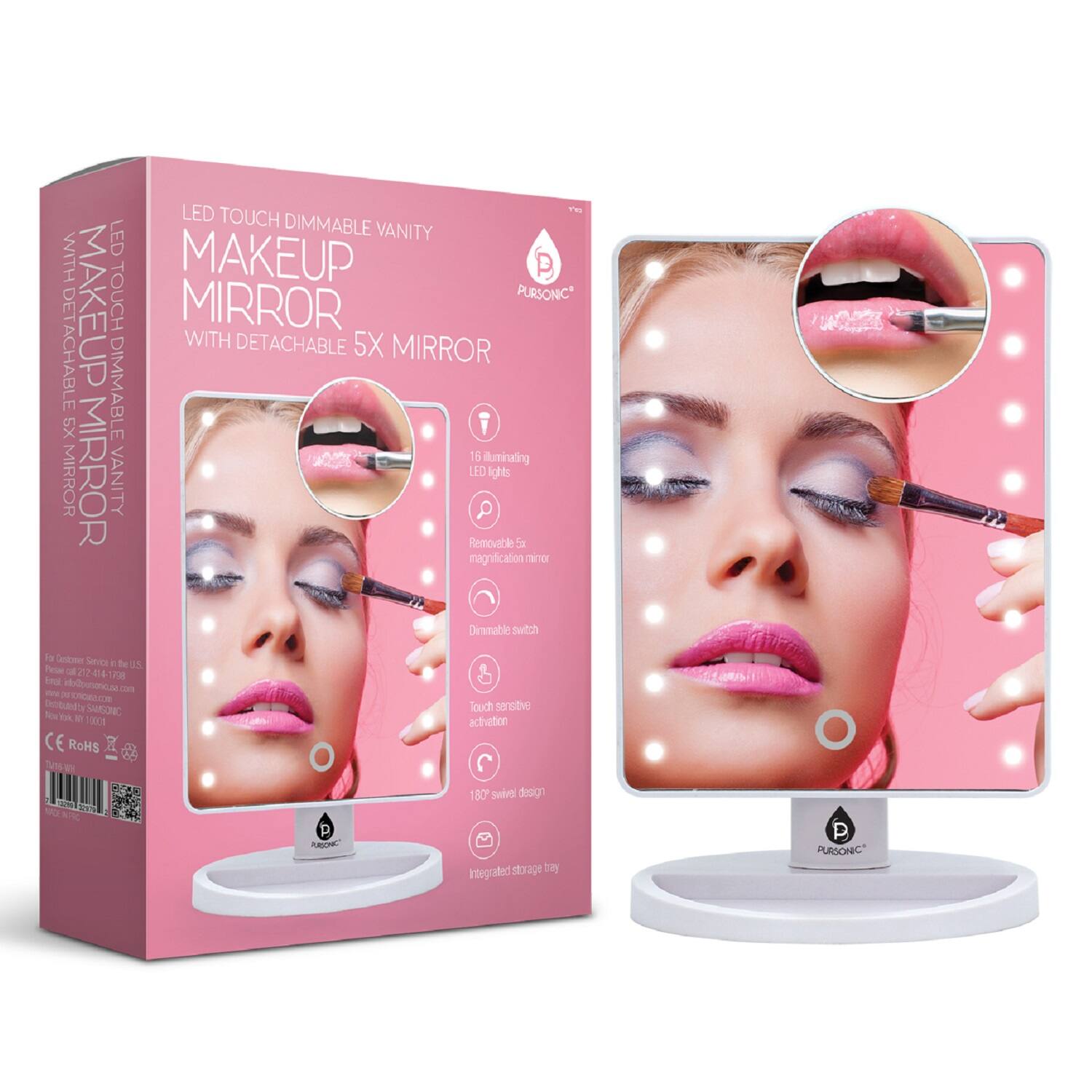 LED TOUCH DIMMABLE VANITY WITH MAKEUP MIRROR
WITH DETACHABLE 5X MIRROR
16 illuminating LED lights
Removable magnification mirror
Touch sensitive activation
Dimmable switch
180° swivel design
Integrated storage bay
CE RoHS
PURSONIC