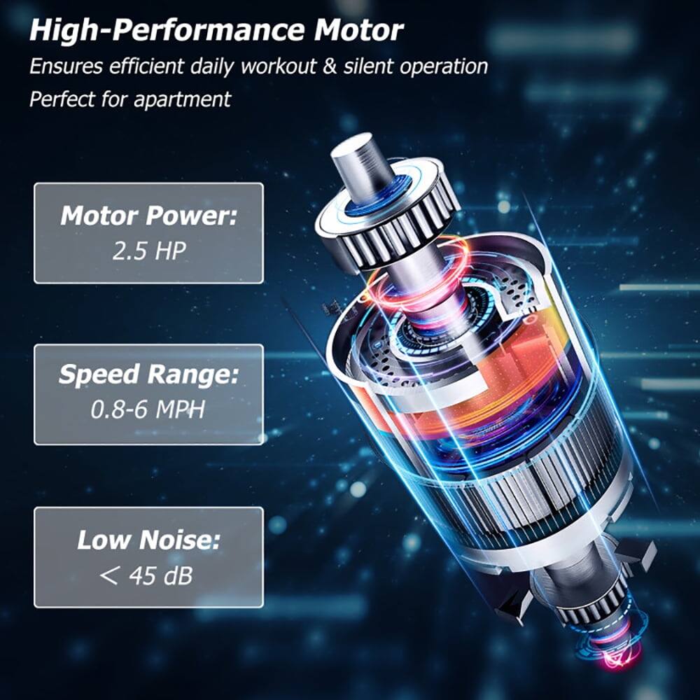 High-Performance Motor  
Ensures efficient daily workout & silent operation  
Perfect for apartment  

Motor Power: 2.5 HP  
Speed Range: 0.8-6 MPH  
Low Noise: < 45 dB