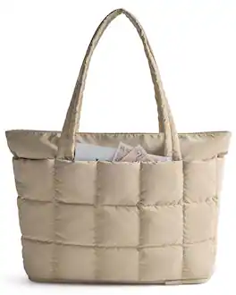 Bagsmart - Expandable Quilted Puffer Work Tote & Travel Bag, Waterproof Carry-On Luggage for Gym, College, and Daily Commute - Camel
