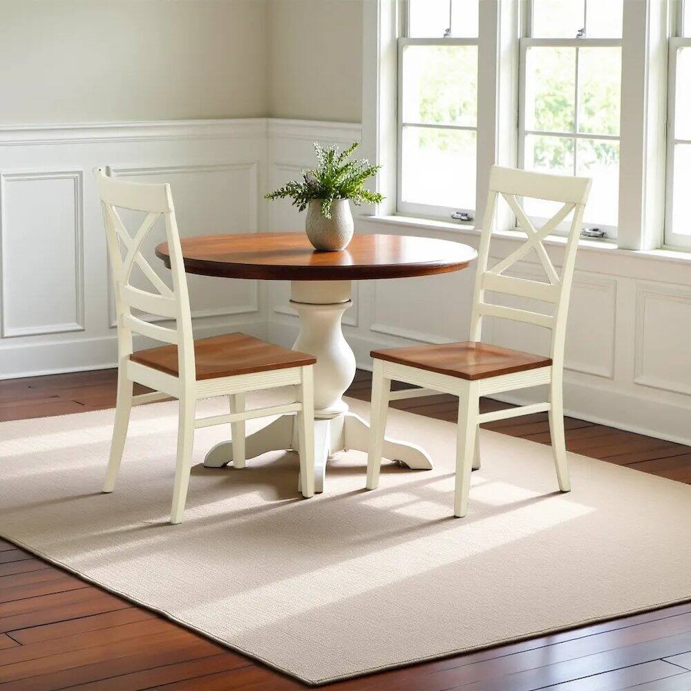 Angle. FurniFact - Elegant X-Back Dining Chairs Set of 2 – White Brown Kitchen Seating - Buttermilk & Cherry.