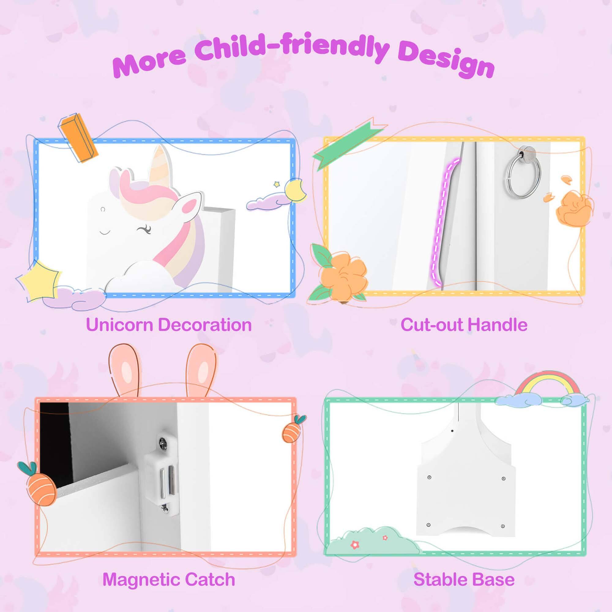 More Child-friendly Design

- Unicorn Decoration
- Cut-out Handle
- Magnetic Catch
- Stable Base