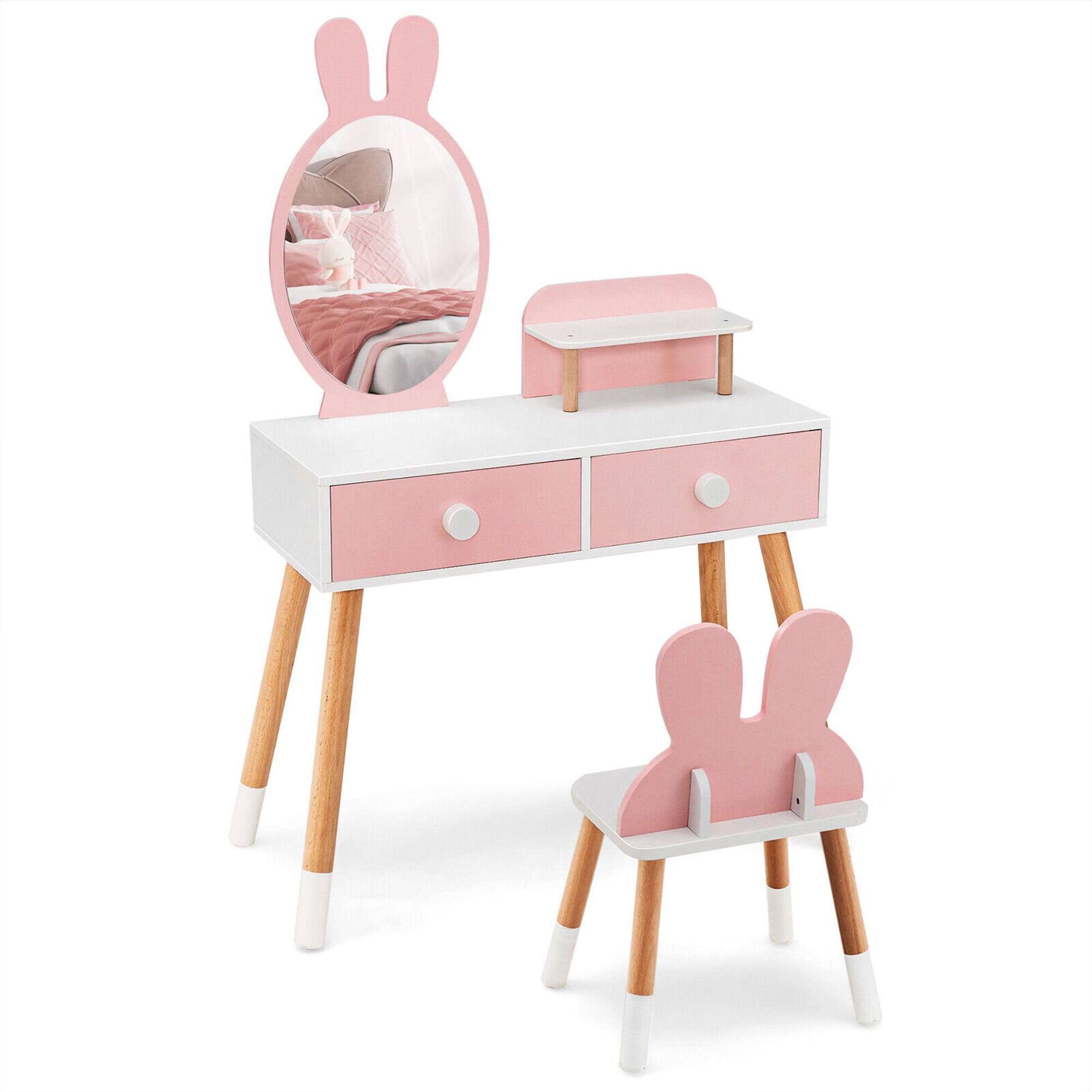 Alt View 9. Gymax - Gymax Kid Vanity Set Makeup Table Stool with Drawer Shelf Wood Leg Rabbit Mirror Pink - Pink.