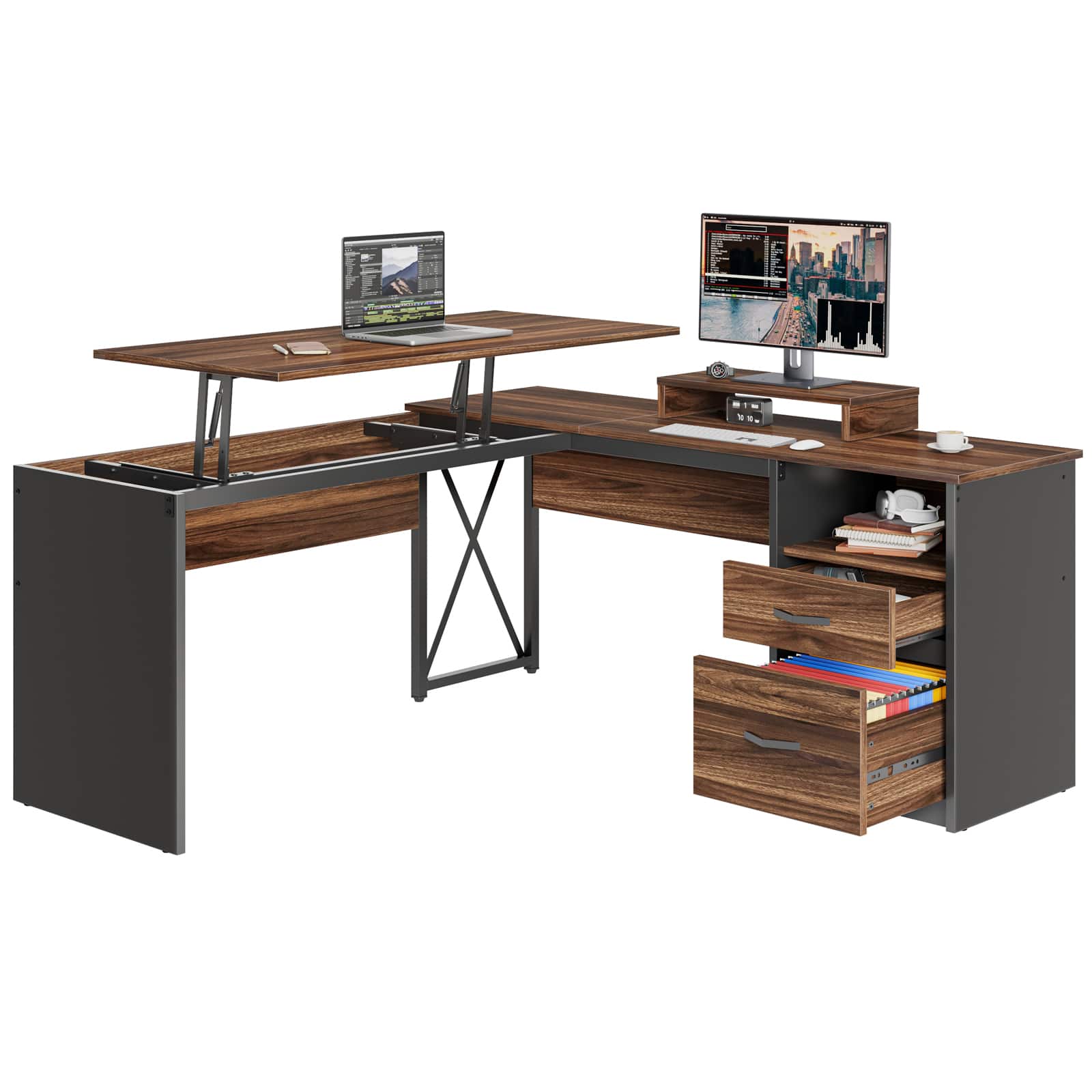 Alt View 12. Bestier - L-Shaped Computer Desk with Monitor Stand - Brown.