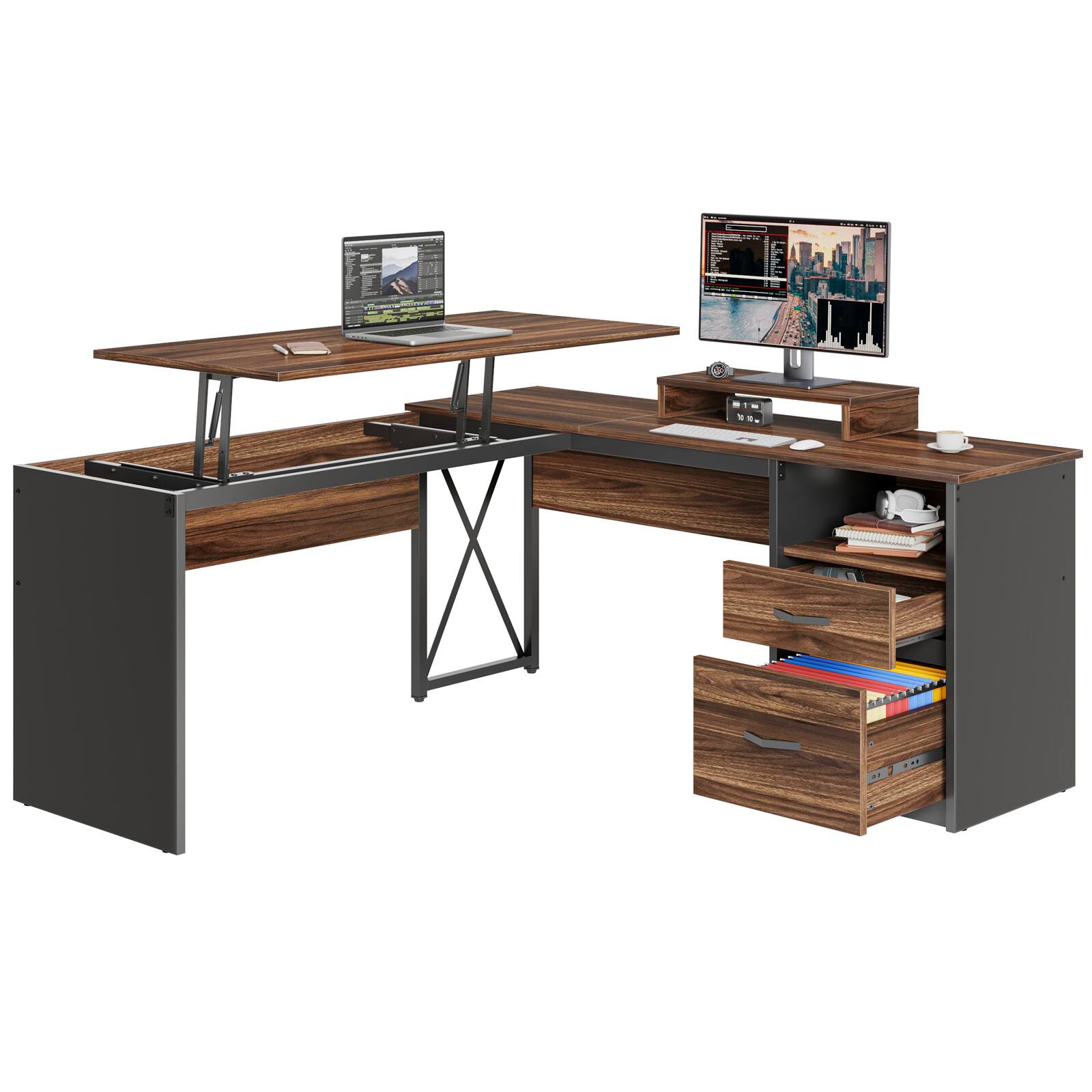 Alt View 12. Bestier - L-Shaped Computer Desk with Monitor Stand - Brown.
