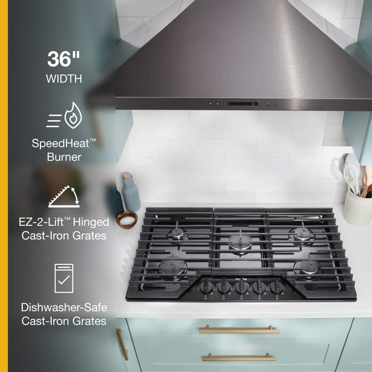 The image features a stove top oven with a stainless steel finish and a 36" width. The stove is equipped with SpeedHeat Burners and EZ-2-Lift Hinged Cast-Iron Grates, which are dishwasher-safe. The stove top oven is designed to provide efficient cooking and easy cleaning for the user.