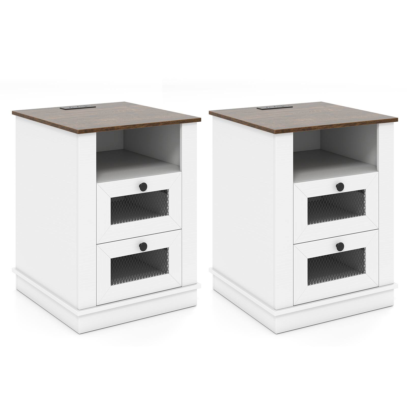 Alt View 9. Costway - Costway 2 PCS Nightstand with Charging Station, Night Stand with Storage Compartment, 2 Drawers - Rustic Brown, White.