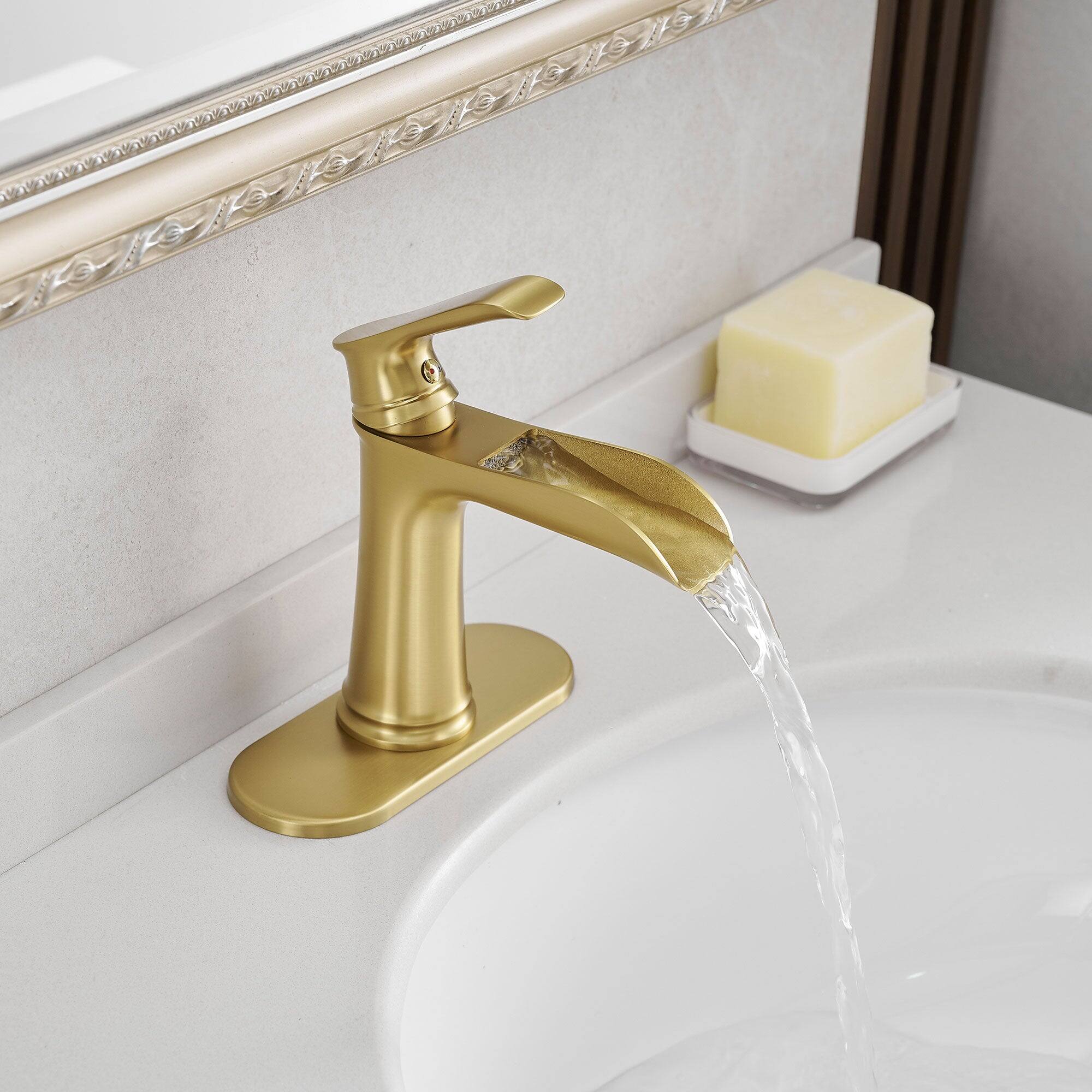 Back. Boyel Living - Single Handle Single Hole Bathroom Faucet Brushed Gold with Deck Plate Pop Up Drain and Water Supply Hoses - Brushed Gold.