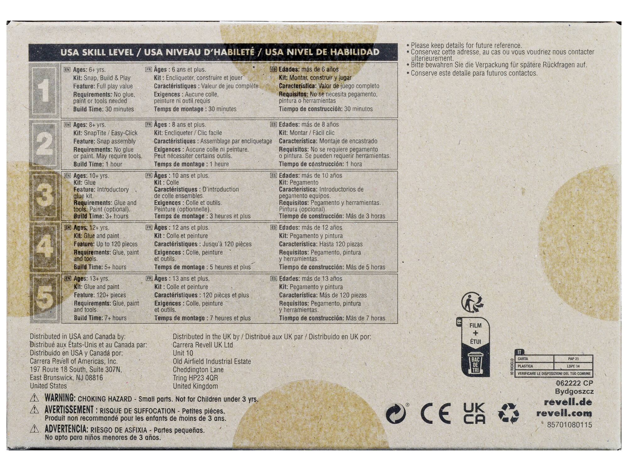 **USA SKILL LEVEL / USA NIVEAU D'ABILITÉ / USA NIVEL DE HABILIDAD**

1. **Ages: 6+ yrs.**  
   Kit: Snap, Build & Play  
   Feature: Full play value  
   Requirements: No glue, paint or tools needed  
   Build Time: 30 minutes  

   **FR**  
   Ages: 6 ans et plus.  
   Kit: Encliqueter, construire  
   Caractéristiques: Jeu complet à encliqueter et jouer  
   Exigences: Aucun collage, peinture ni outils.  
   Temps de montage : 30 minutes  

   **ES**  
   Edades: más de 6 años  
   Kit: Montar, construir y jugar  
   Características: Juego completo  
   Requisitos: No se necesita pegamento, pintura ni herramientas  
   Tiempo de construcción: 30 minutos  

2. **Ages: 8+ yrs.**  
   Kit: SnapTite / Easy-Click  
   Feature: Snap assembly  
   Requirements: No glue, or paint. May require tools  
  