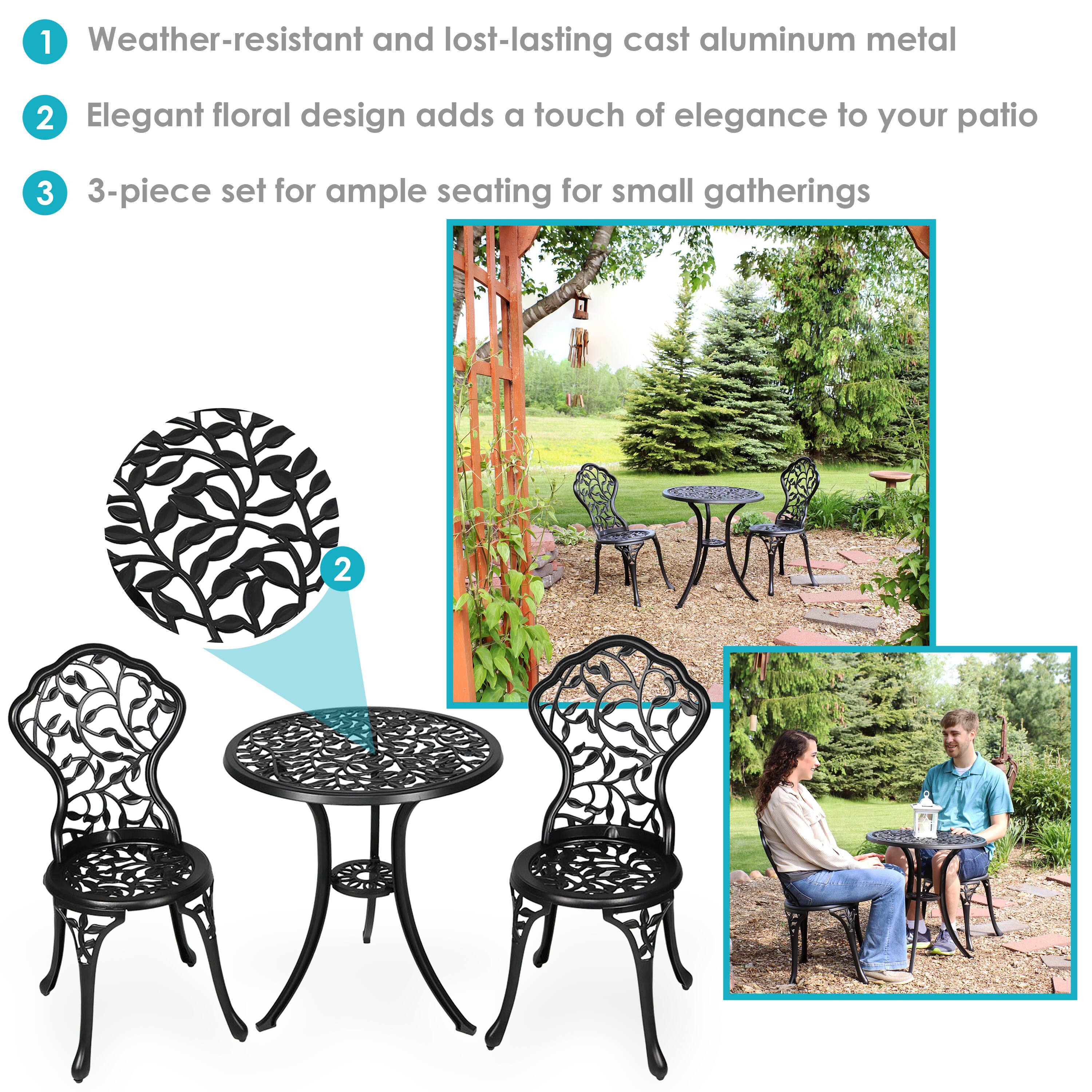 1. Weather-resistant and long-lasting cast aluminum metal  
2. Elegant floral design adds a touch of elegance to your patio  
3. 3-piece set for ample seating for small gatherings