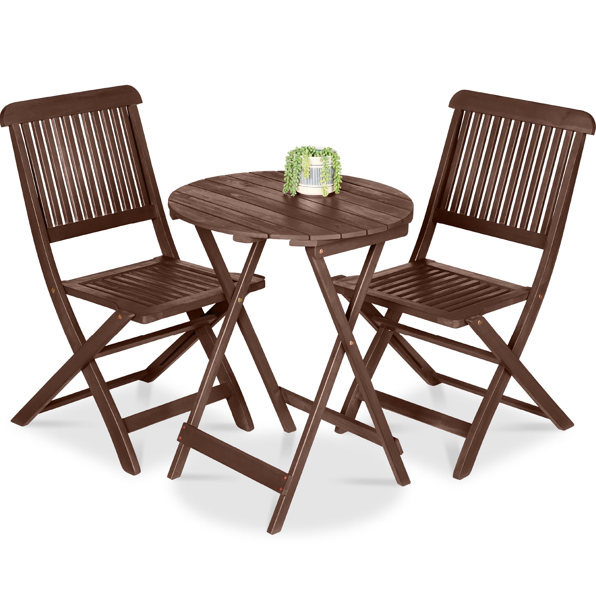 Best Choice Products - 3-Piece Acacia Wood Bistro Set, Folding Patio Furniture w/ 2 Chairs, Table - Brown