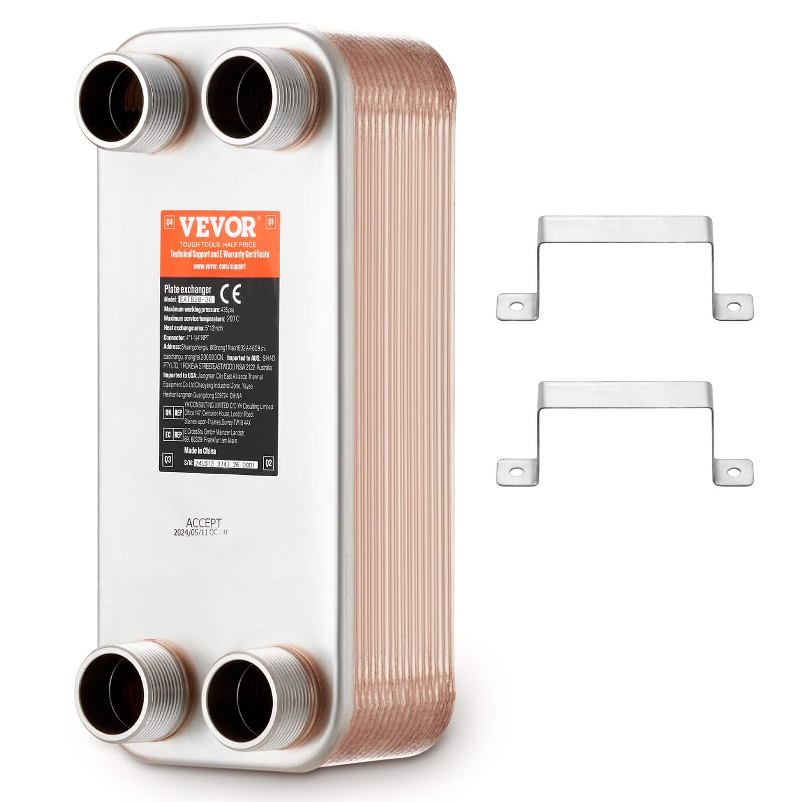 VEVOR - Heat Exchanger, 5"x 12" 30 Plates Brazed Plate Heat Exchanger, Copper/316L Stainless Steel Water To Water Heat Exchanger - Stainless Steel + Copper Color