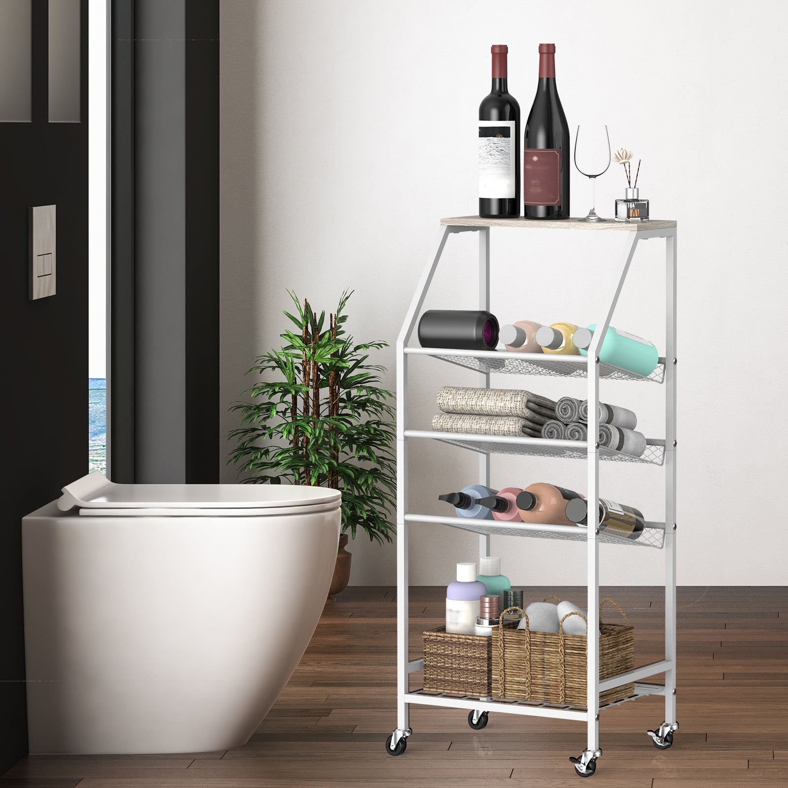 Oumilen - 5-Tier Rolling Bathroom Storage Cart with White Metal Frame and Wood Top - Gray