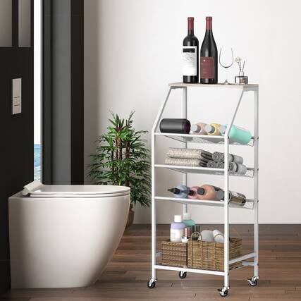 Front. Oumilen - 5-Tier Rolling Bathroom Storage Cart with White Metal Frame and Wood Top, Gray - Gray.