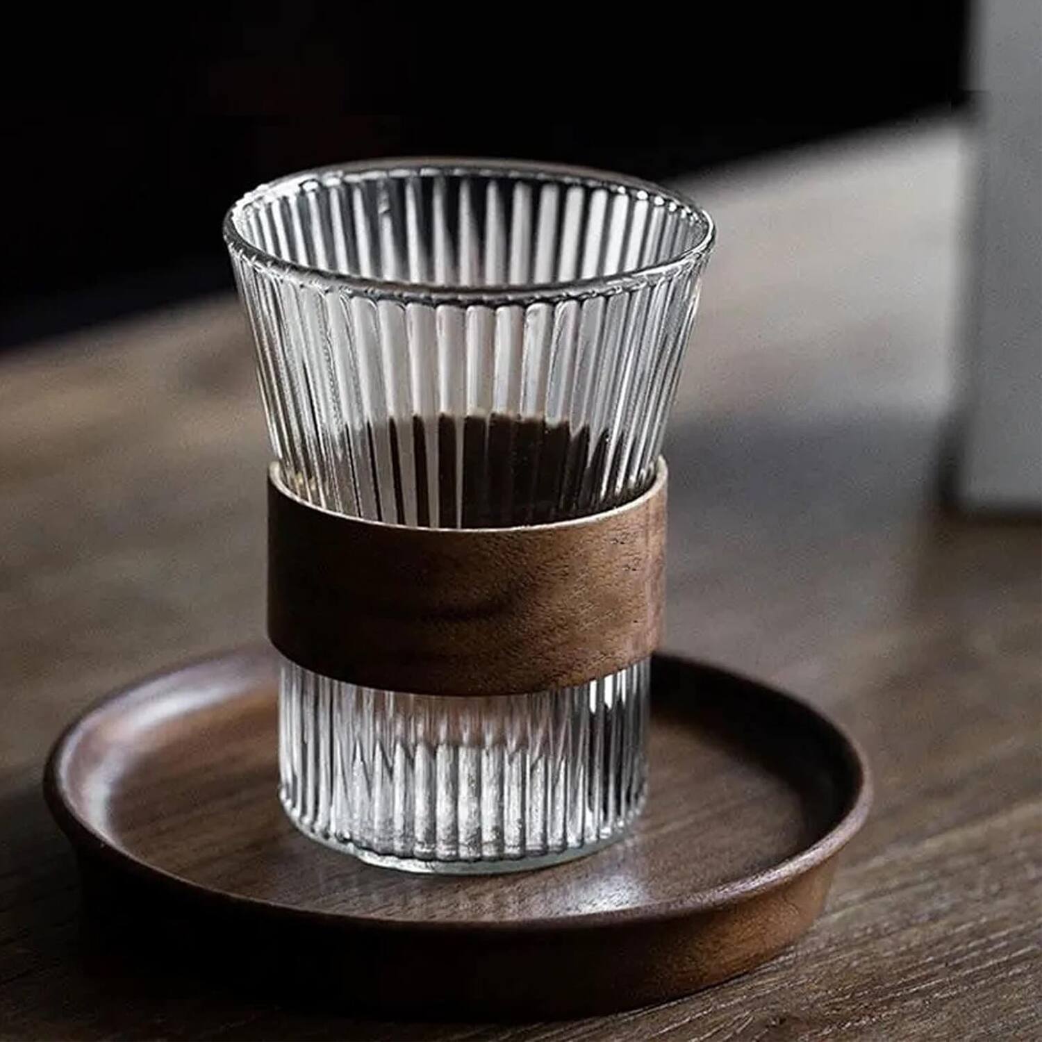 Left. Jay Import - Clear Set of 4 Old Fashion Glasses with Wood Band 9.47OZ. - Clear.