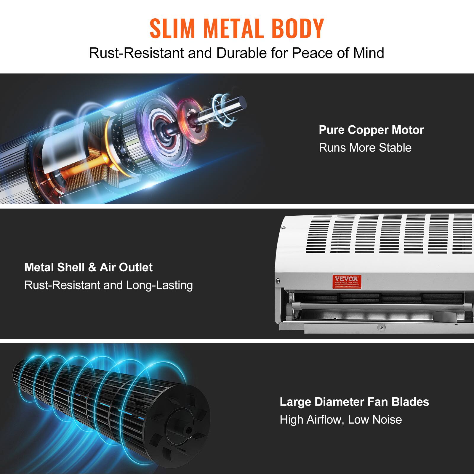 SLIM METAL BODY  
Rust-Resistant and Durable for Peace of Mind  

Pure Copper Motor  
Runs More Stable  

Metal Shell & Air Outlet  
Rust-Resistant and Long-Lasting  

Large Diameter Fan Blades  
High Airflow, Low Noise