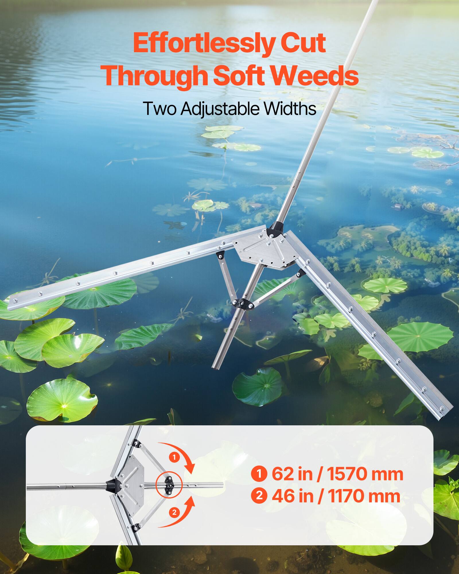 Effortlessly Cut Through Soft Weeds  
Two Adjustable Widths  

1. 62 in / 1570 mm  
2. 46 in / 1170 mm