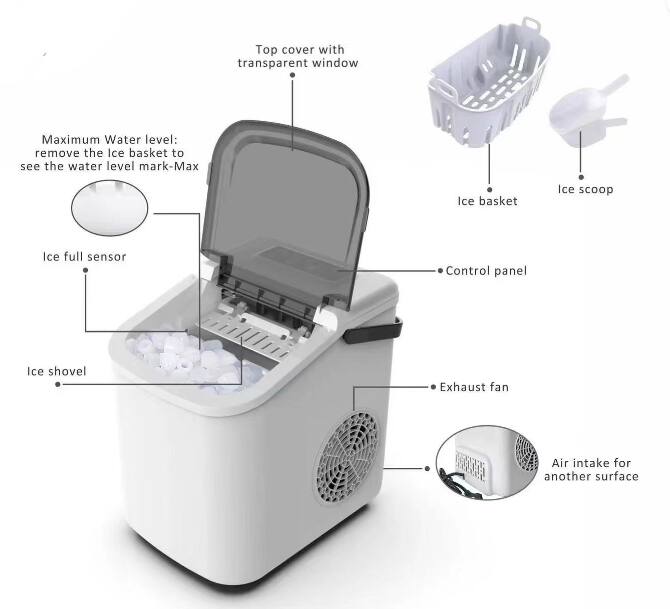 - Top cover with transparent window
- Maximum Water level: remove the Ice basket to see the water level mark-Max
- Ice basket
- Ice scoop
- Ice full sensor
- Control panel
- Ice shovel
- Exhaust fan
- Air intake for another surface