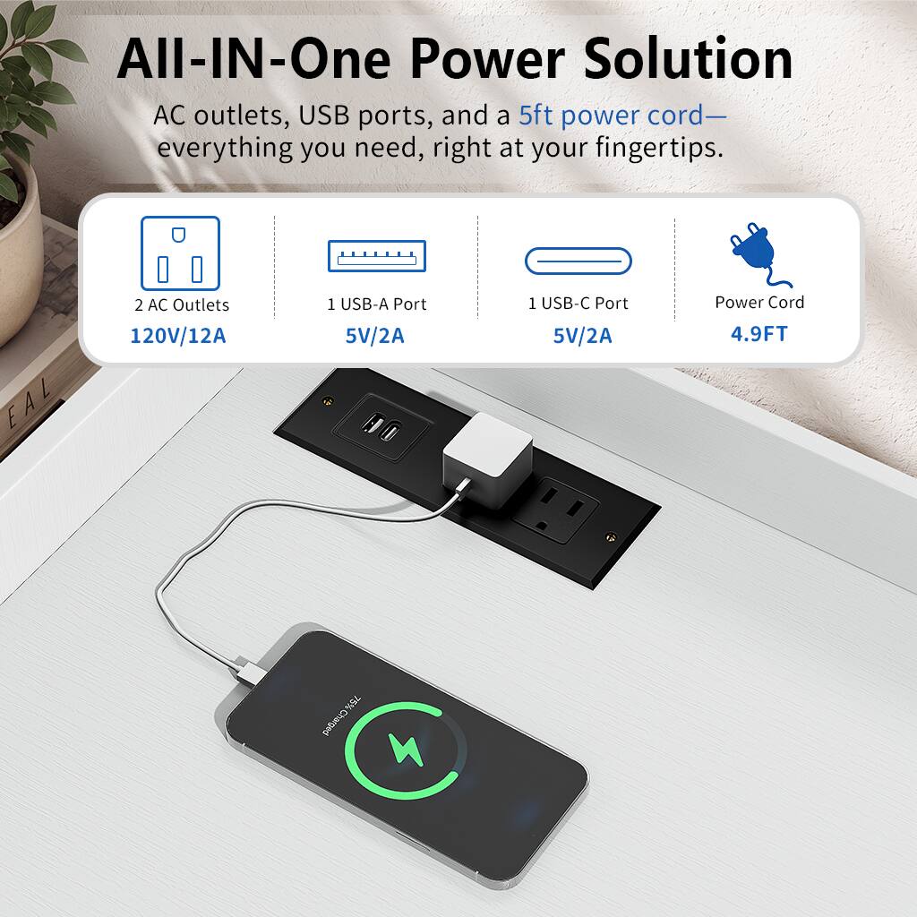 All-IN-One Power Solution AC outlets, USB ports, and a 5ft power cord—everything you need, right at your fingertips.  
- 2 AC Outlets 120V/12A  
- 1 USB-A Port 5V/2A  
- 1 USB-C Port 5V/2A  
- Power Cord 4.9FT