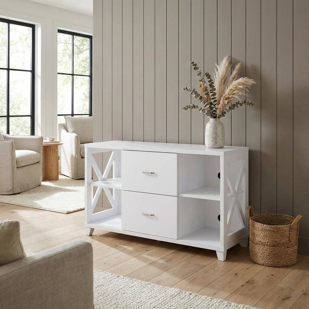 Alt View 2. FurniFact - White Oxford Deluxe TV Stand, 2 Drawers, Shelves, Up to 55-Inch Screens - White.