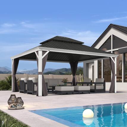 Front. PURPLE LEAF - 14' X 16' Outdoor Hardtop Aluminum White Frame Gazebo with Galvanized Steel Double Roof with Netting and Curtains - 14' X 16'.