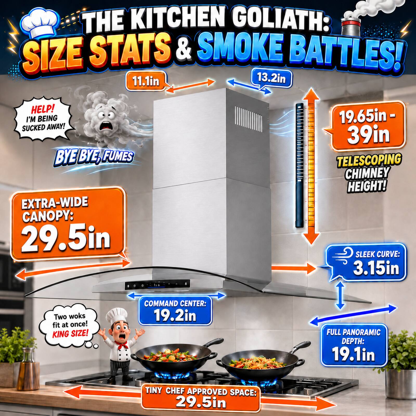 THE KITCHEN GOLIATH: SIZE STATS & SMOKE BATTLES!  
11.1in 13.2in  
HELP! I'M BEING SUCKED AWAY!  
BYE BYE, FUMES  
EXTRA-WIDE CANOPY: 29.5in  
19.65in - 39in TELESCOPING CHIMNEY HEIGHT!  
SLEEK CURVE: 3.15in  
Two woks fit at once! KING SIZE!  
COMMAND CENTER: 19.2in  
FULL PANORAMIC DEPTH: 19.1in  
TINY CHEF APPROVED SPACE: 29.5in