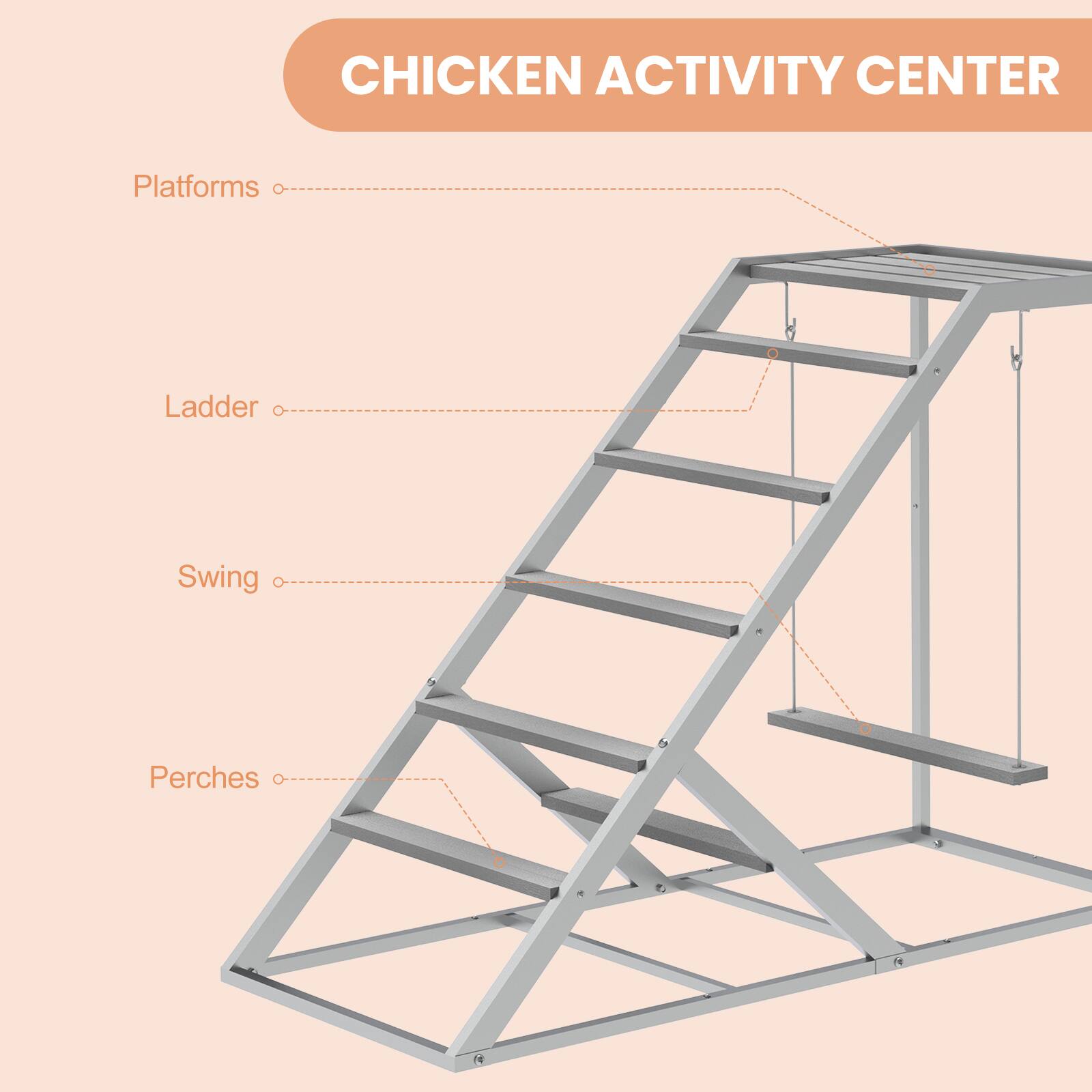 CHICKEN ACTIVITY CENTER

- Platforms
- Ladder
- Swing
- Perches