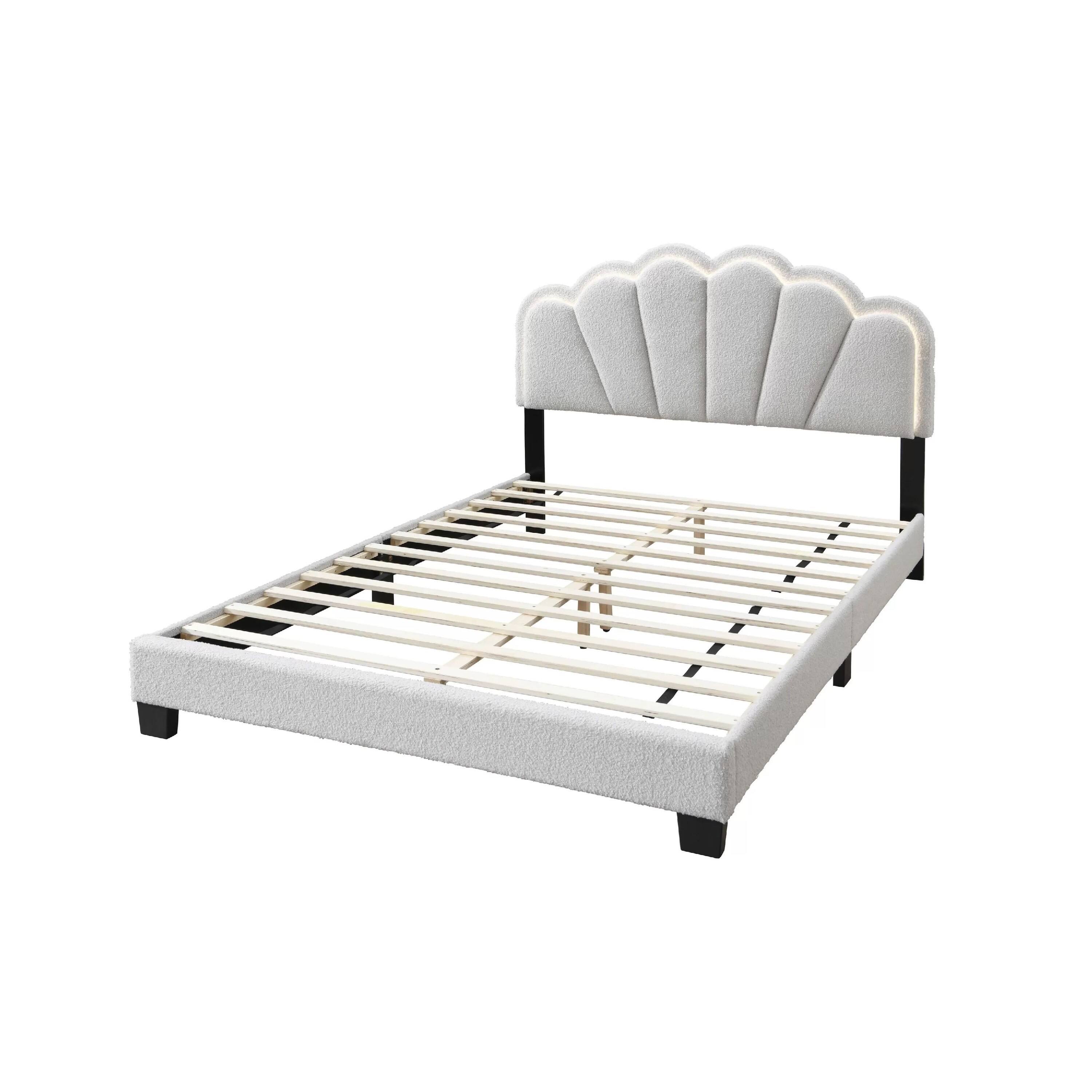 Angle. Manhattan Lane - Madsy Full Bed, White Upholstered Fan-Shaped Headboard, Metallic Accents - White, Black.