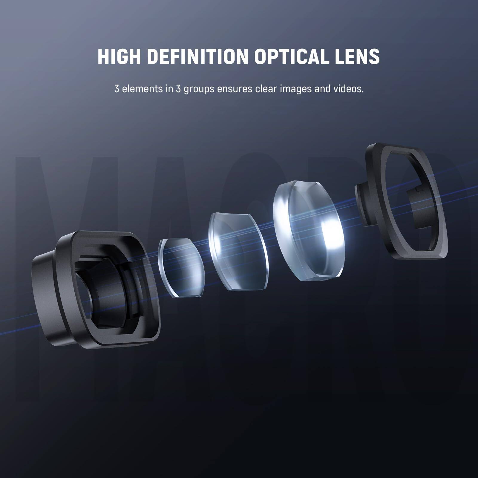 HIGH DEFINITION OPTICAL LENS  
3 elements in 3 groups ensures clear images and videos.