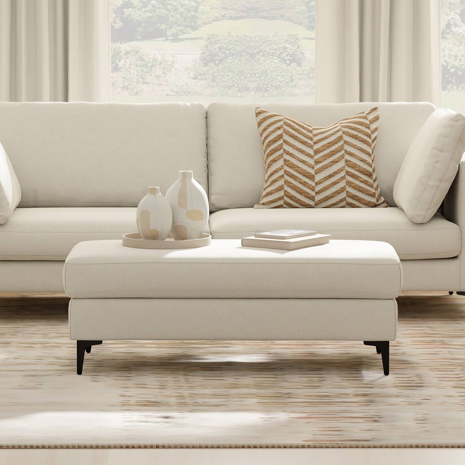 Angle. Simpli Home - Ava Large Rectangular Ottoman in Tightly Woven Performance Fabric - Cream.
