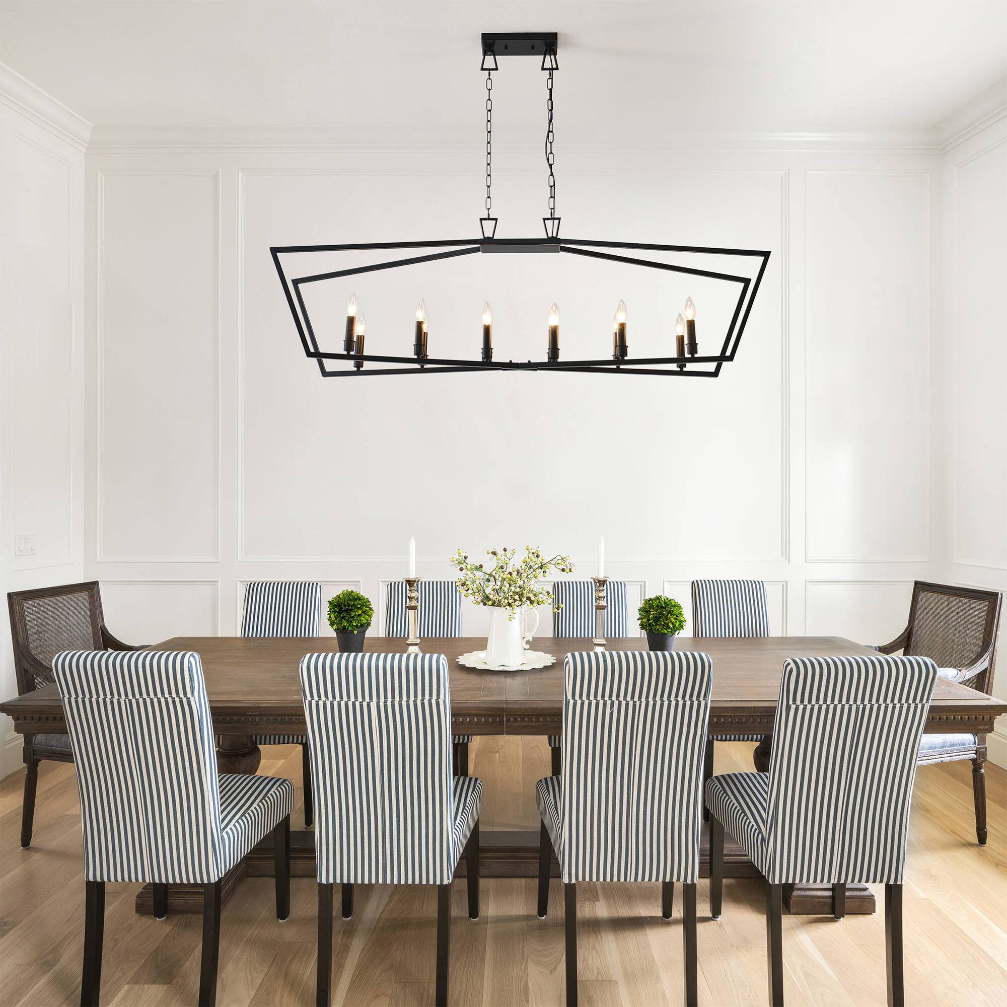Back. RYHNUYNE - 12-Light Kitchen Island Linear Chandelier, Large Farmhouse Chandelier for Dining Room, Industrial Pendant Light Fixture - Black.