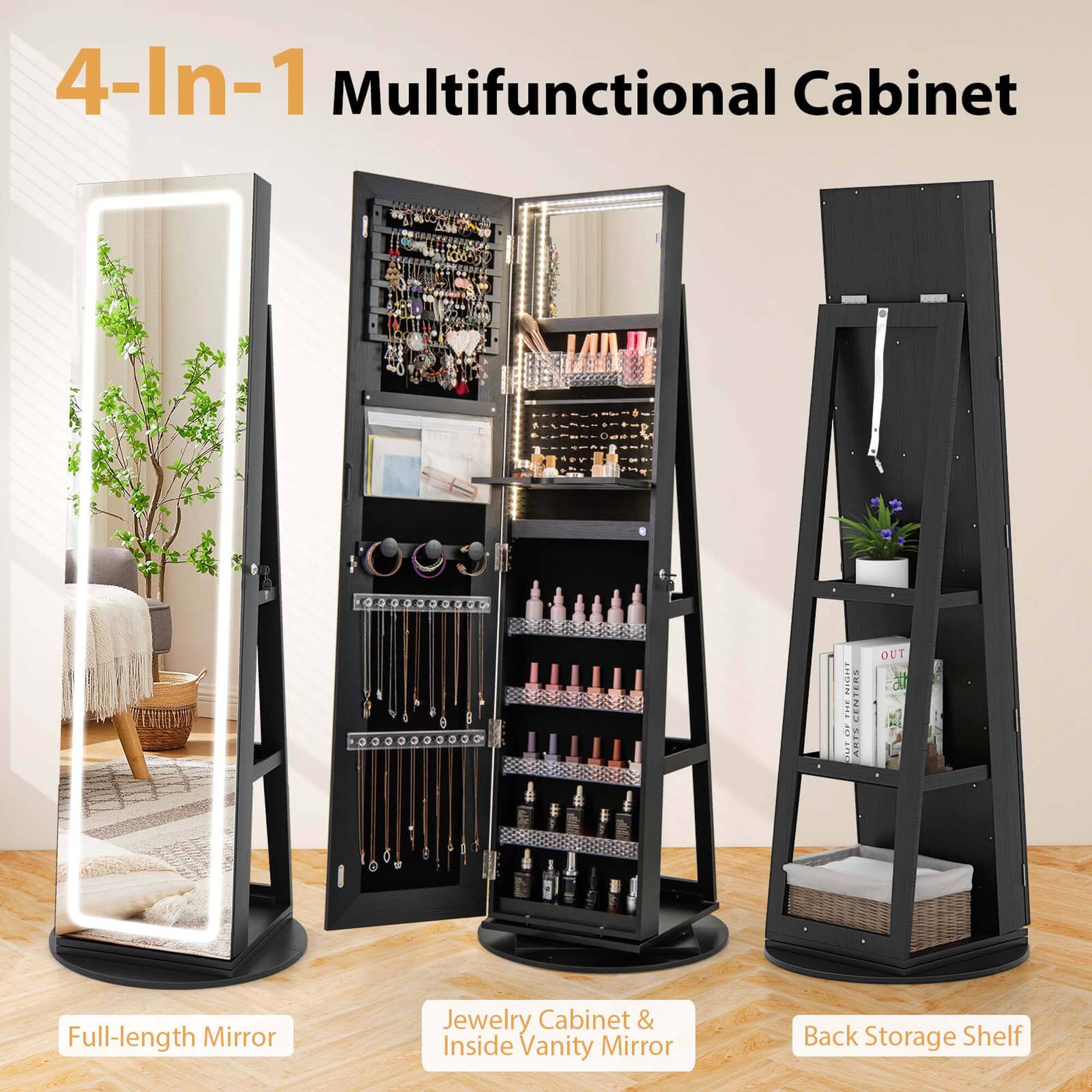 4-In-1 Multifunctional Cabinet: Full-length Mirror, Jewelry Cabinet & Inside Vanity Mirror, Back Storage Shelf