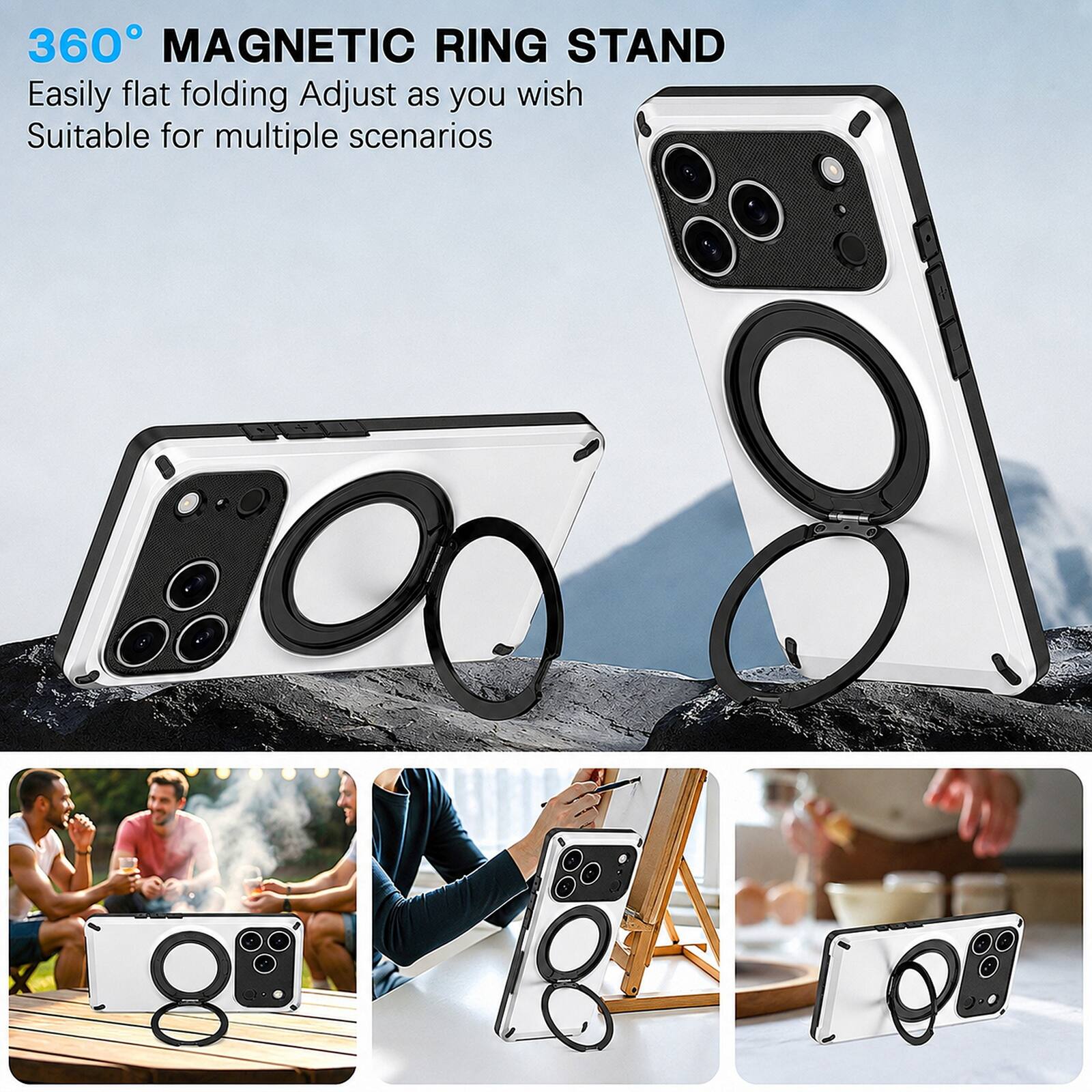 360° MAGNETIC RING STAND  
Easily flat folding Adjust as you wish  
Suitable for multiple scenarios