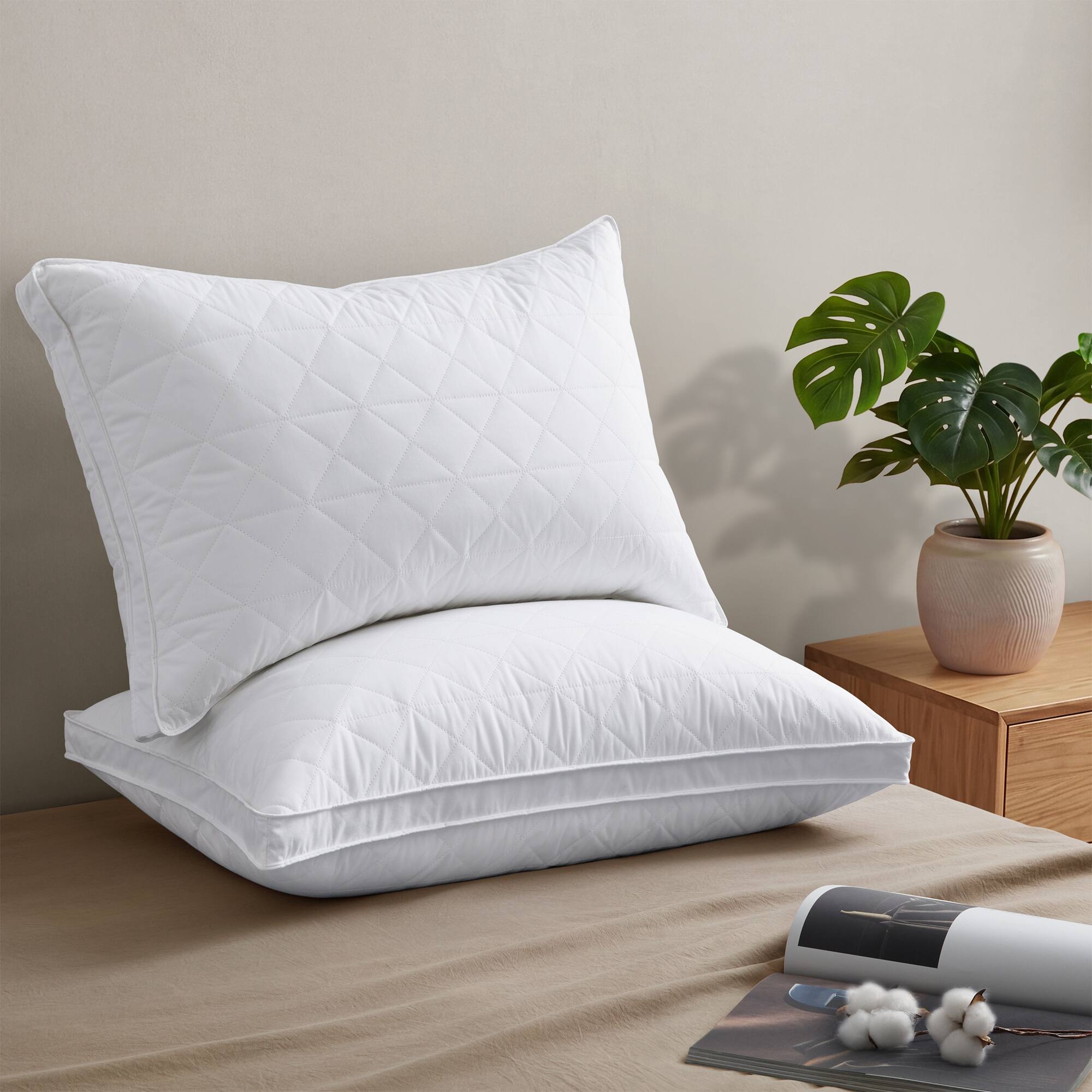 Angle. Peace Nest - Peace Nest 2 Pack Quilted Goose Feather Pillow with Breathable Cotton Cover, Gusseted, Standard - Gusseted.