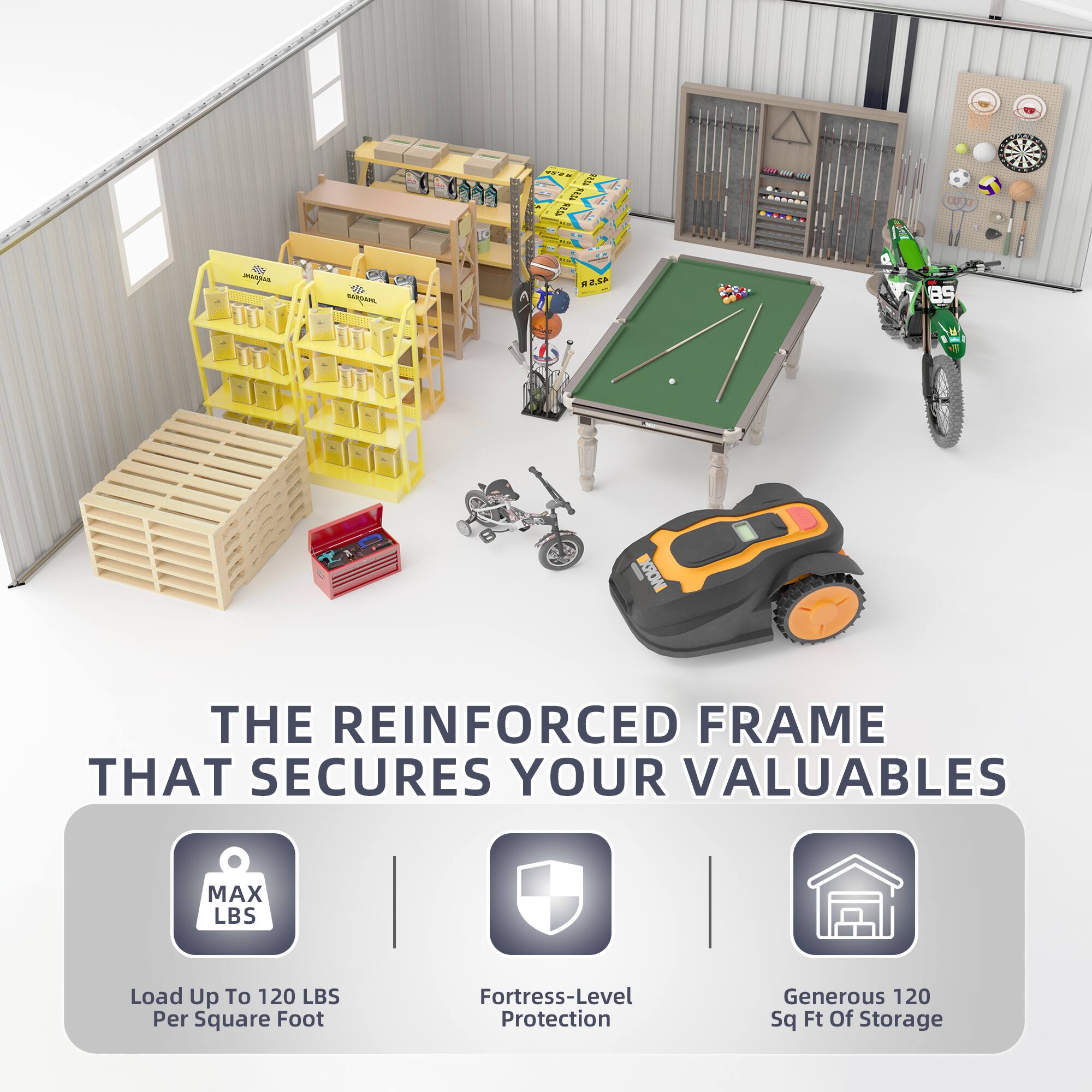 The reinforced frame that secures your valuables

- Load up to 120 LBS per square foot
- Fortress-level protection
- Generous 120 sq ft of storage