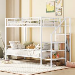 GOODSILO - Contemporary Twin Over Twin Metal Bunk Bed with Integrated Storage Ladder and Wardrobe - White