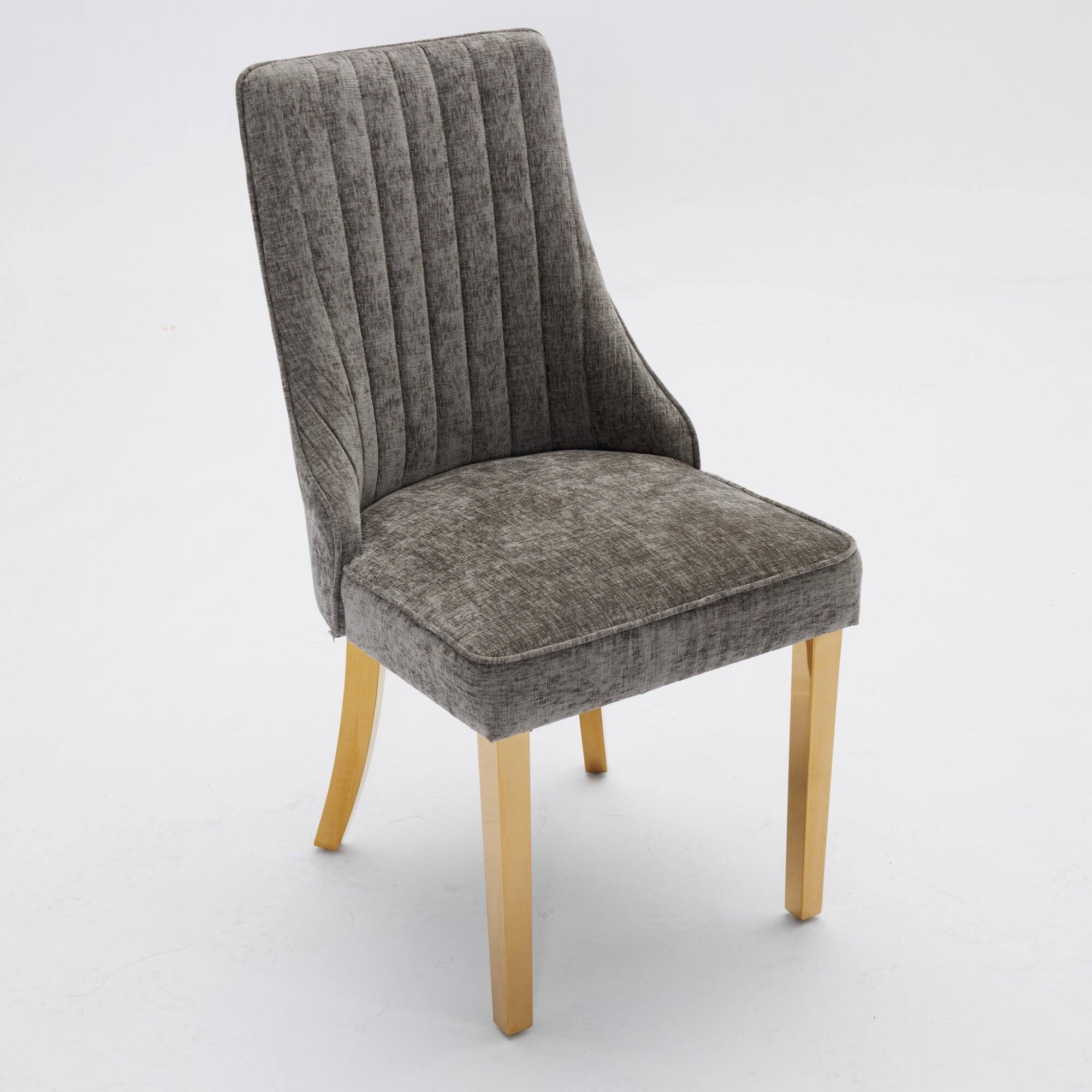 Back. GOODSILO - Luxury Chenille Fabric Upholstered Dining Chairs with Golden Stainless Steel Legs, Set of 2 - Gray.
