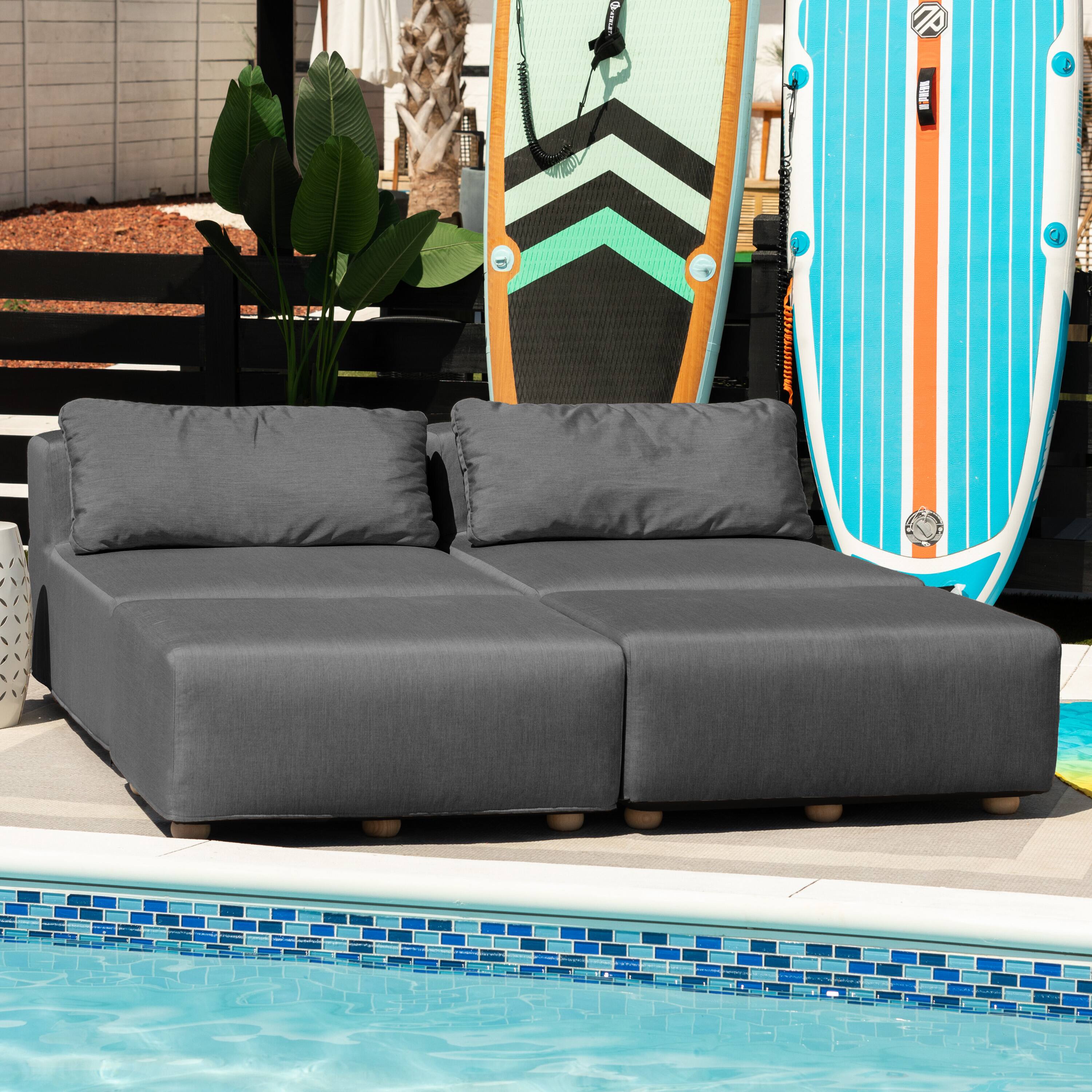 Angle. Jaxx - Jaxx Vada Outdoor Sun Lounger Luxury Modular Chaise & Ottoman w/ Sunbrella Fabric & Waterproof Cover, Sunbrella Charcoal - Charcoal.