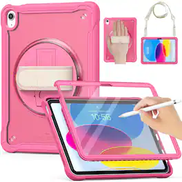 Dteck - Rugged Case for Apple iPad (10th Generation) 10.9" 2022 Built-in Screen Protector, Shockproof Kickstand Cover with Strap - Rose