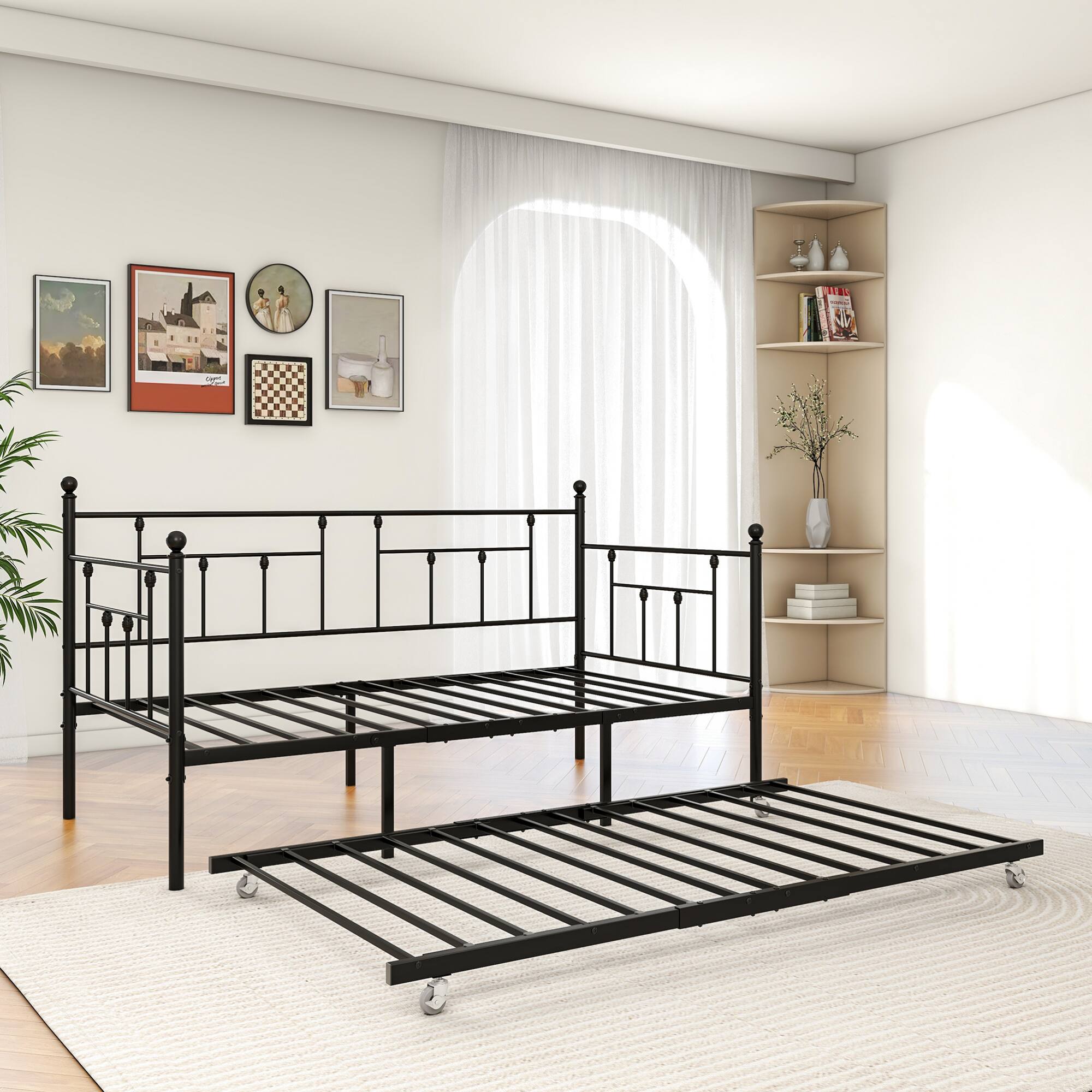Alt View 8. GOODSILO - Twin Size Metal Daybed Frame with Adjustable Trundle Set for Guest Rooms, Bedrooms, and Living Spaces - Black.