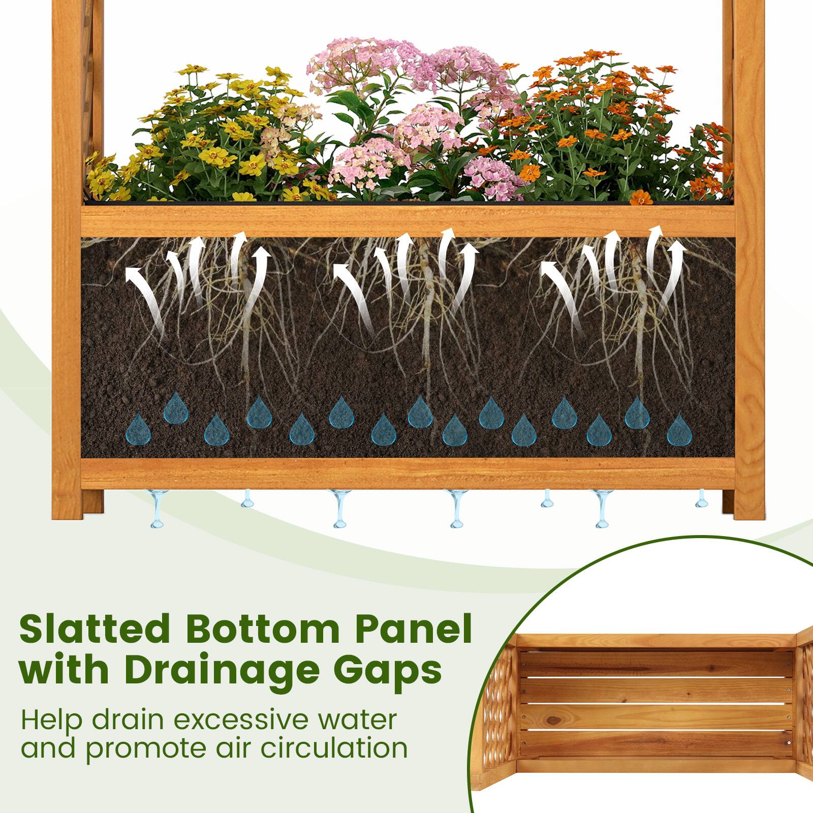 Slatted Bottom Panel with Drainage Gaps  
Help drain excessive water and promote air circulation