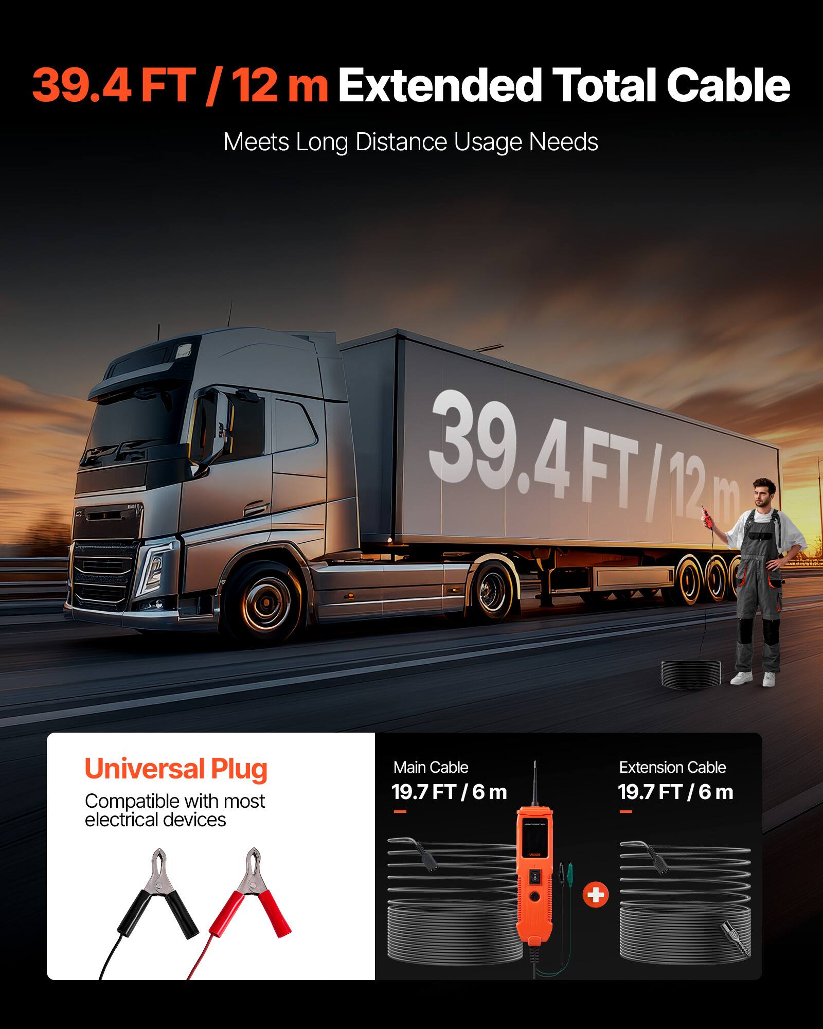 39.4 FT / 12 m Extended Total Cable  
Meets Long Distance Usage Needs  

Universal Plug  
Compatible with most electrical devices  

Main Cable  
19.7 FT / 6 m  

Extension Cable  
19.7 FT / 6 m